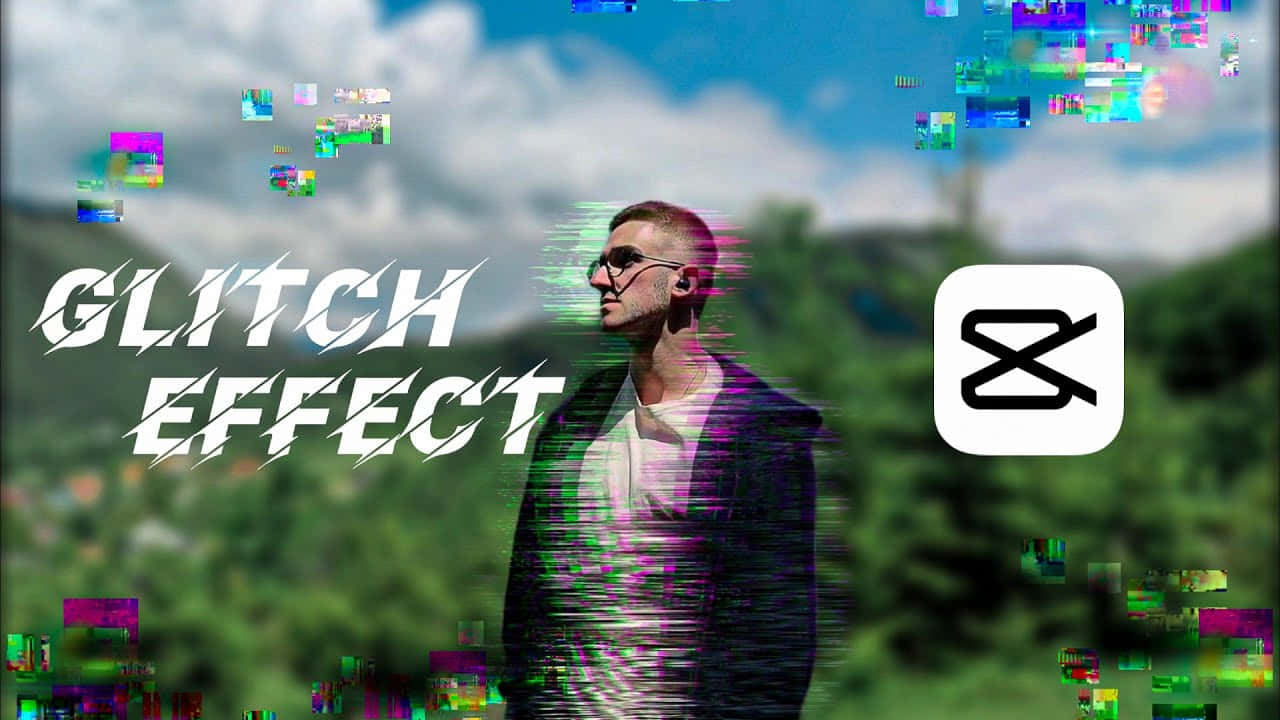 Glitch 桌布 壁紙 — 一個戴著太陽眼鏡的男人站在一個帶有故障效果的數位景觀中，鮮豔的像素化扭曲覆蓋了場景。