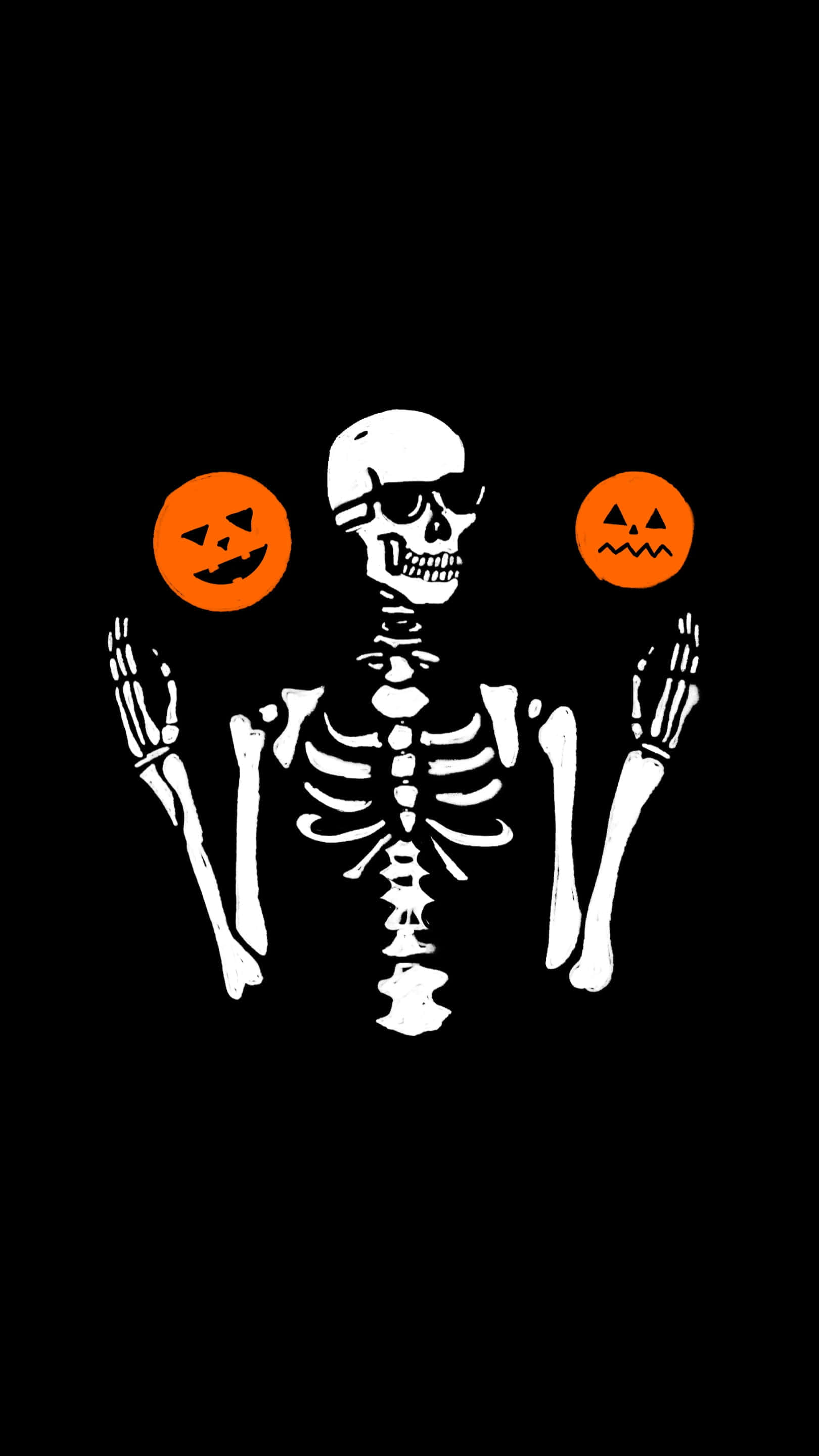Cute Pumpkin iPhone 桌布 壁紙 — 一個戴著太陽眼鏡的白色骷髏，在黑色背景上拿著兩個橙色南瓜燈。