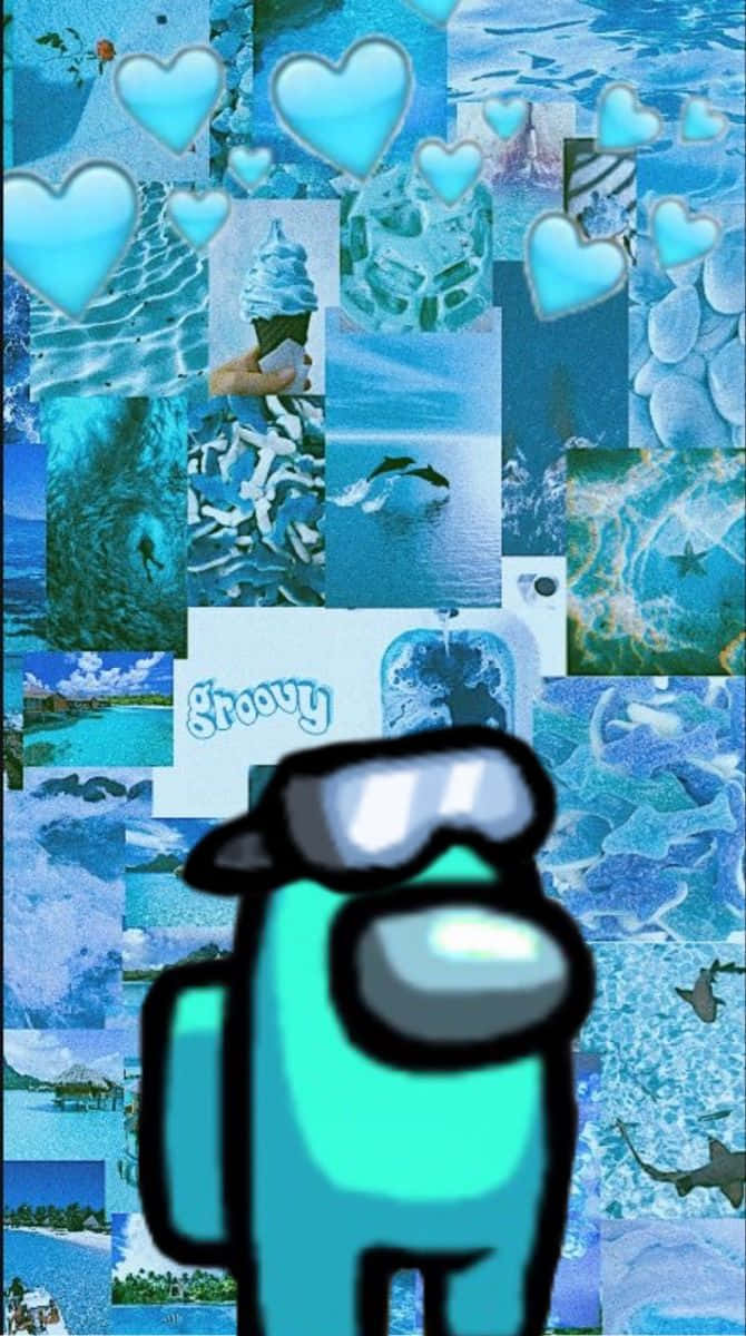 Among US Blue 桌布 壁紙 — 一個戴著太陽眼鏡的藍綠色Among Us角色站在藍色海洋場景和漂浮心形的拼貼畫前。