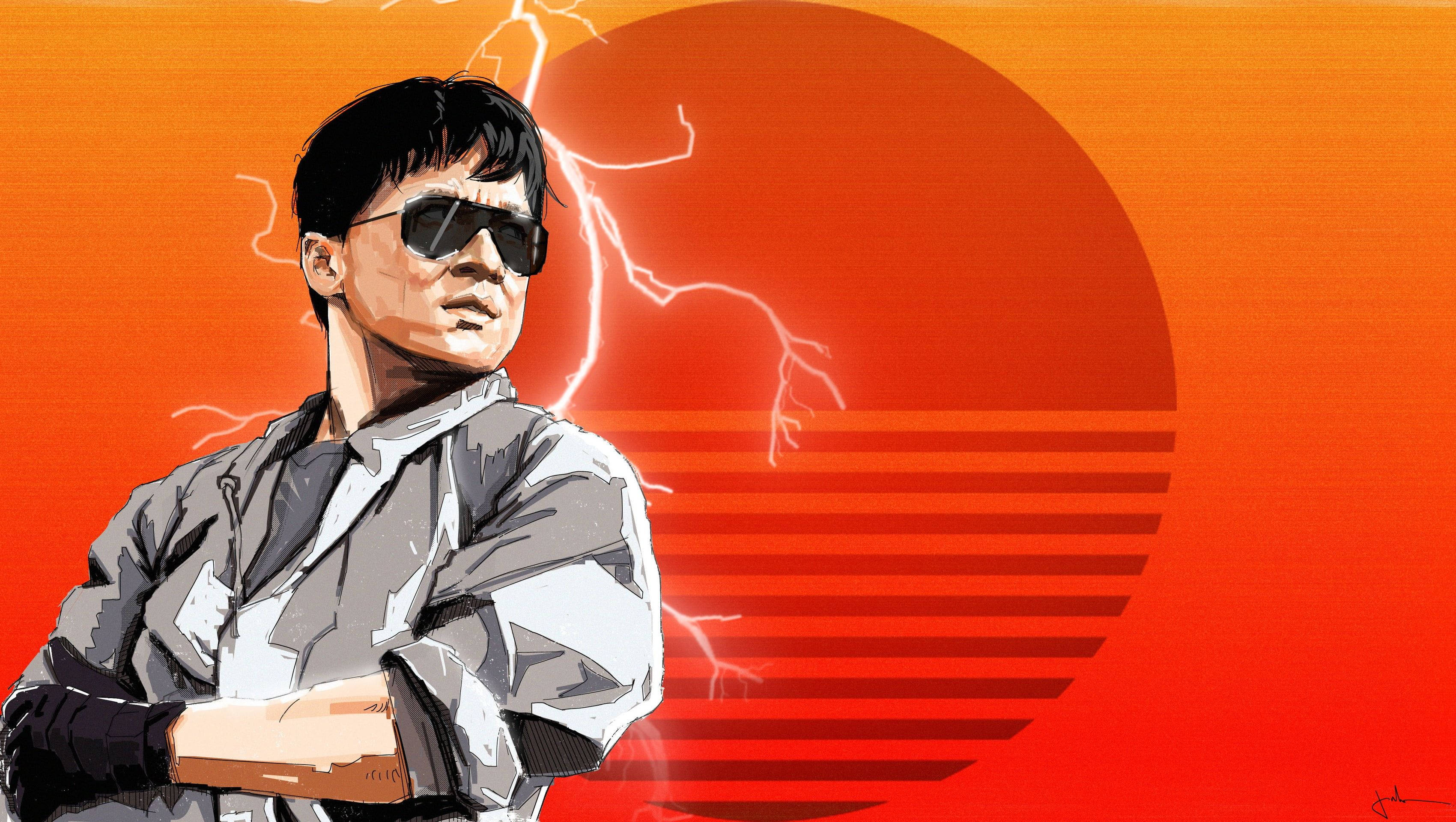 閃電 桌布 壁紙 — 一個戴著太陽眼鏡的酷男自信地站在熾熱的日落前，背後有閃電劃過。