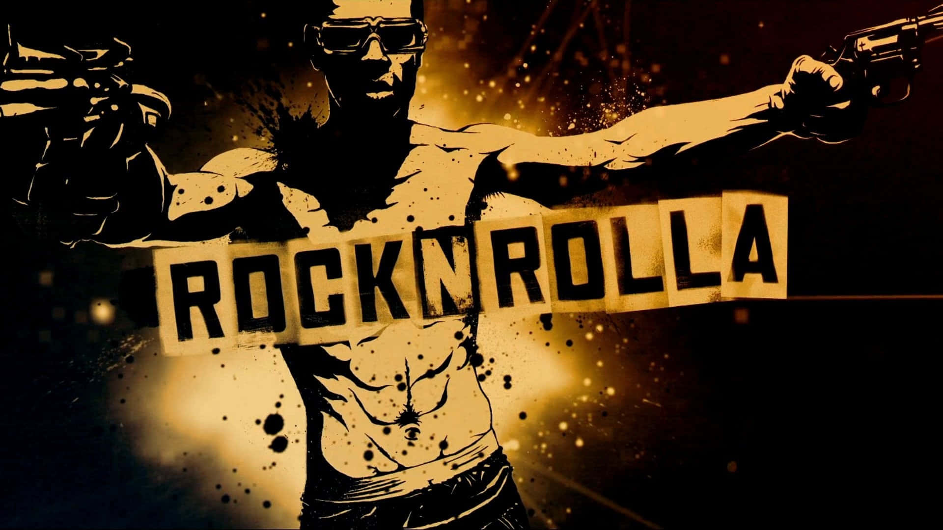 rock n roll 桌布 壁紙 — 一個戴著太陽眼鏡的風格化肌肉男手持兩支槍，'ROCKNROLLA' 文字濺在他的軀幹上，背景是粗糙的金色。