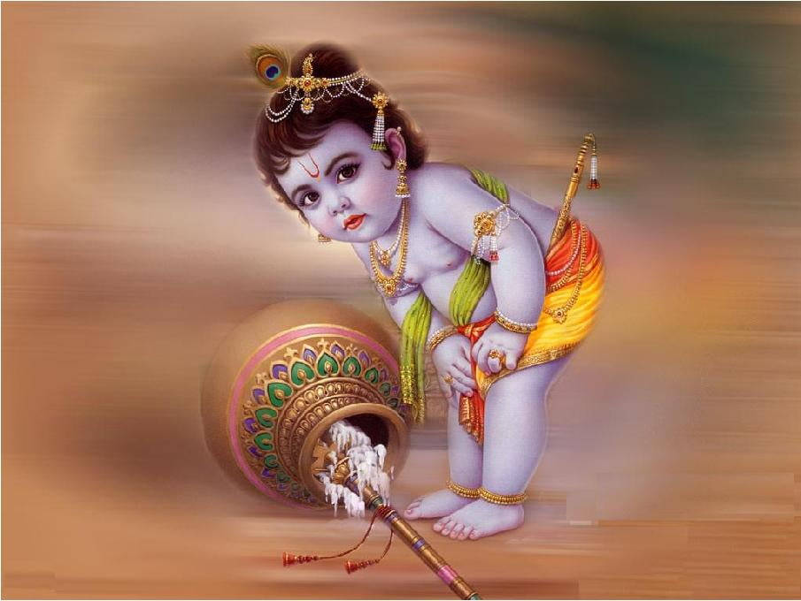animated krishna 桌布 壁紙 — 一個戴著孔雀羽毛冠冕的神聖小孩，頑皮地從裝飾壺中灑出牛奶，同時拿著一支笛子。