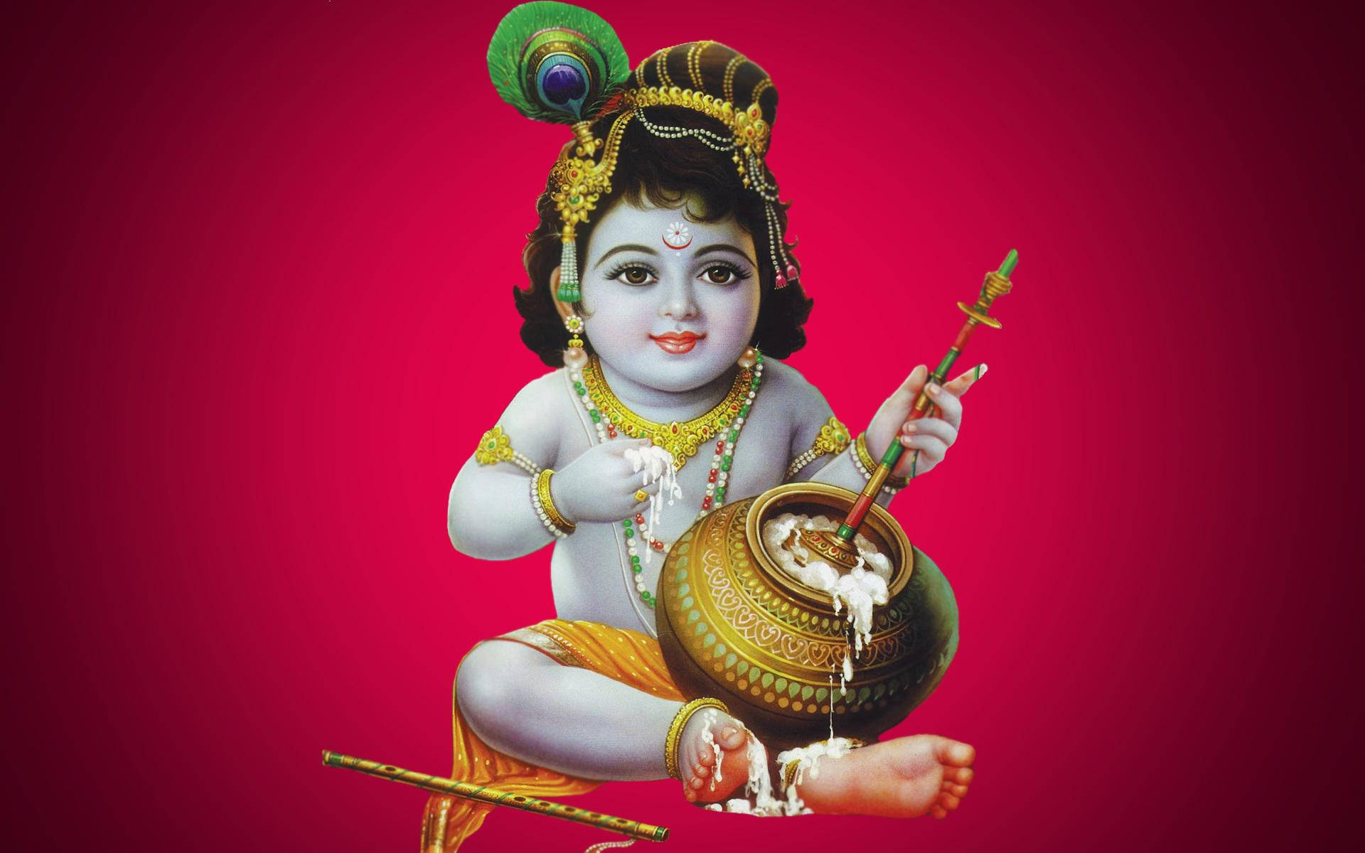 krishna bhagwan 桌布 壁紙 — 一個戴著孔雀羽毛皇冠的神聖孩子，在鮮紅色背景前從金色壺中倒出牛奶。