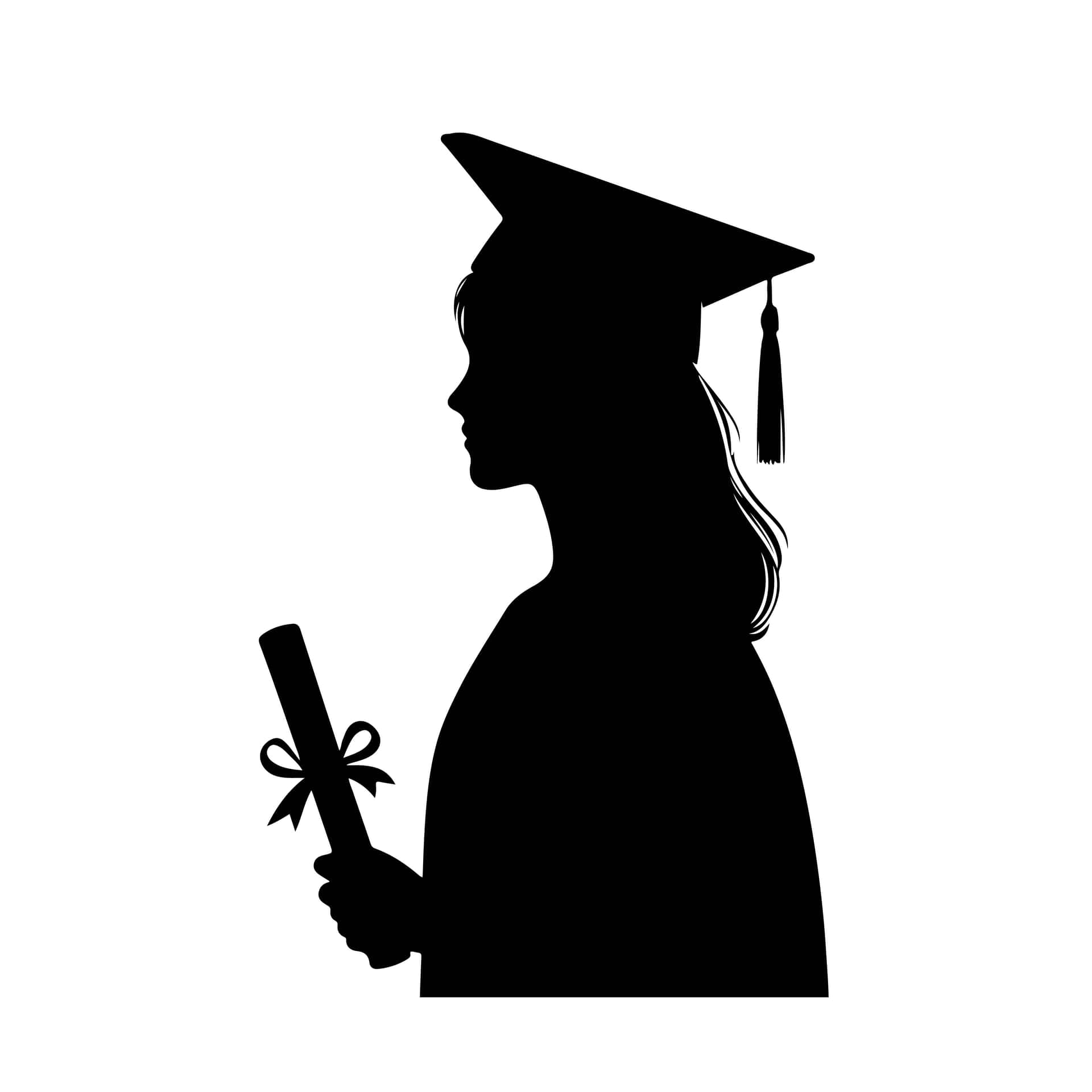 Silhouette of a female graduate holding a diploma, celebrating academic achievement and bright futur 壁紙 — 一個戴著學士帽和穿著畢業袍的畢業生黑色剪影，手持帶蝴蝶結的文憑。