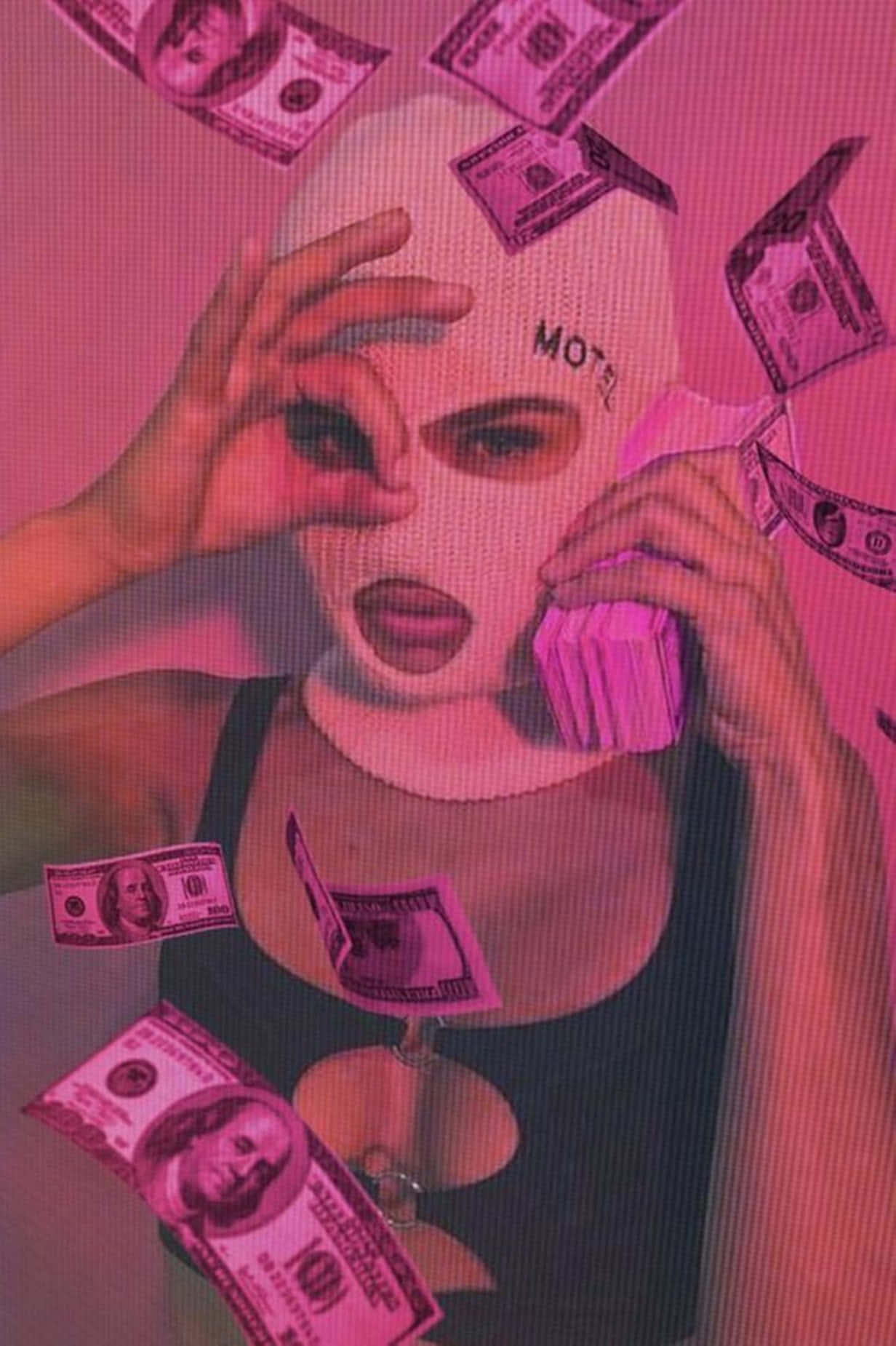 Baddie Girl 桌布 壁紙 — 一個戴著寫有「MOTEL」白色面具的人手持現金，而美元鈔票在粉紅色調的數位場景中如雨般落下。
