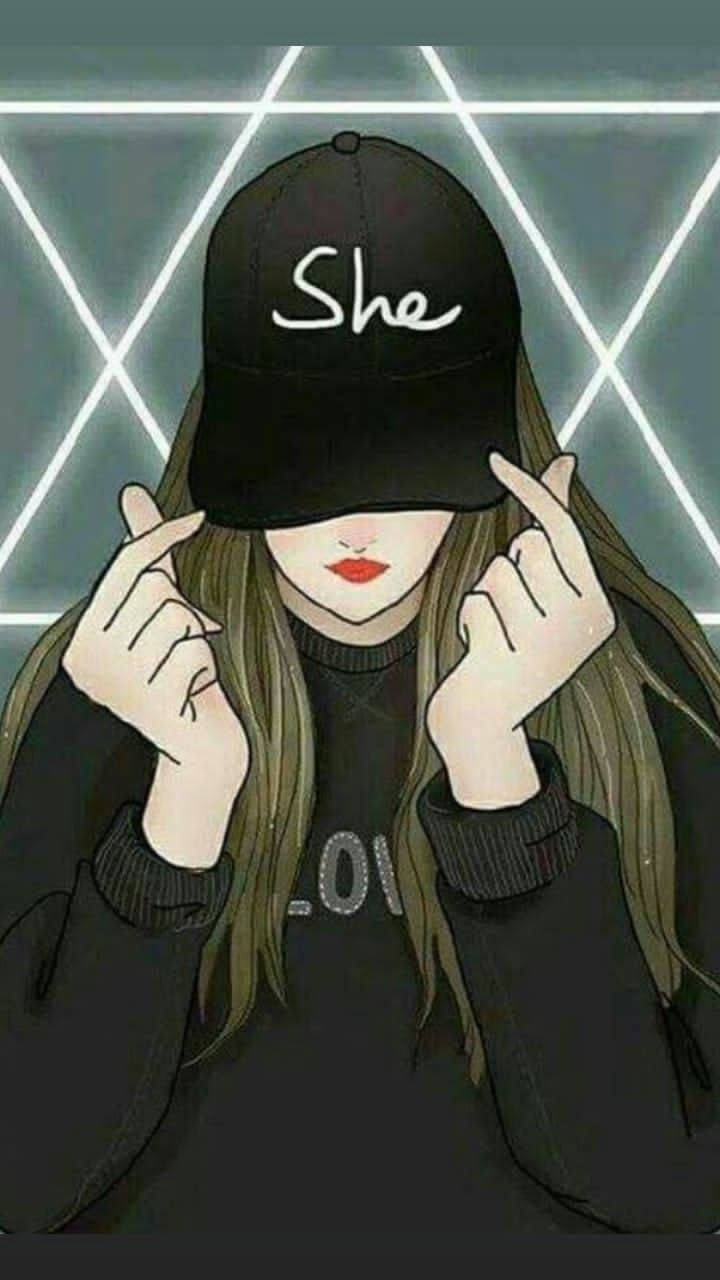 戴著寫有 'She' 的黑色帽子的女孩在霓虹網格前做出手指愛心手勢。 — 星星動圖 壁紙