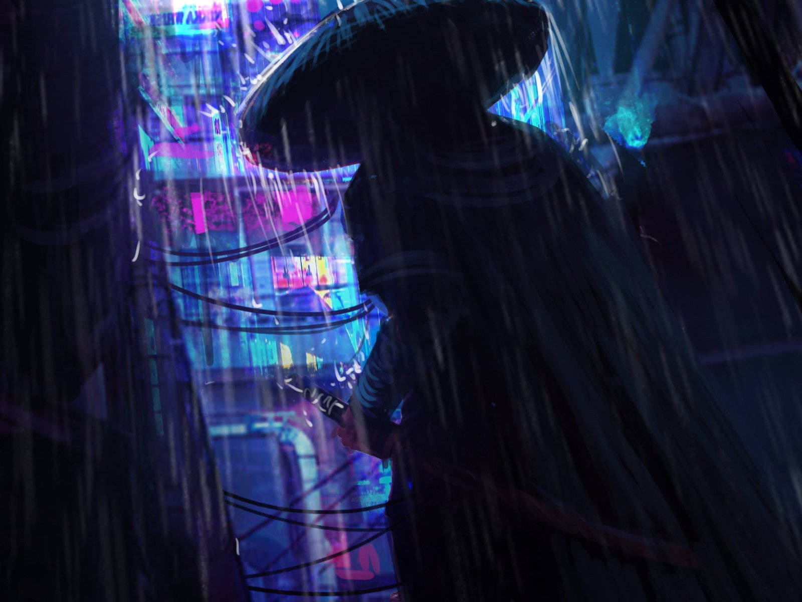 Samurai Art 桌布 壁紙 — 一個戴著寬邊帽的孤獨身影在夜晚走過被雨水浸濕、霓虹燈閃爍的賽博朋克小巷。