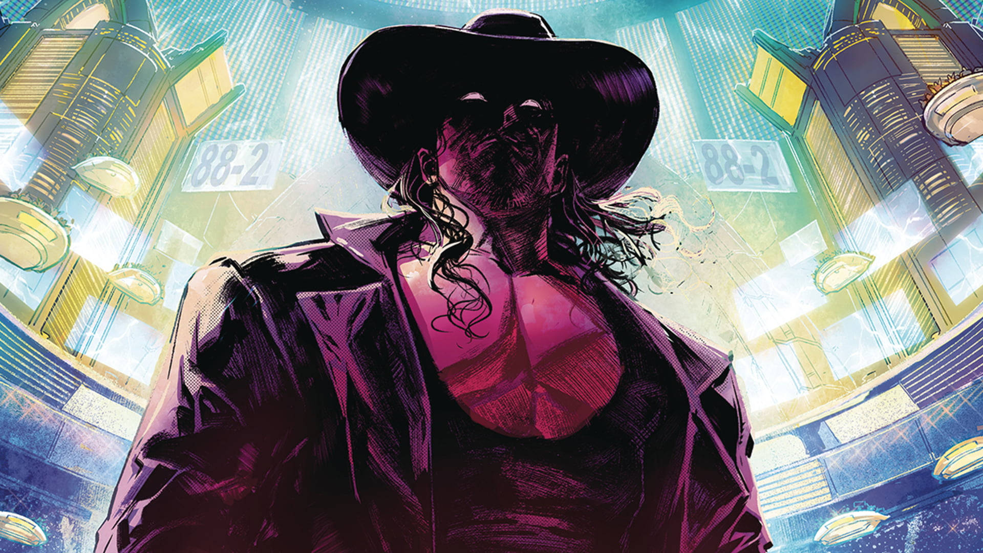 Undertaker 桌布 壁紙 — 一個戴著寬邊帽的面具人物，在霓虹燈閃爍的未來城市景觀中，發光的塔樓和漂浮的標誌旁挑釁地站立。