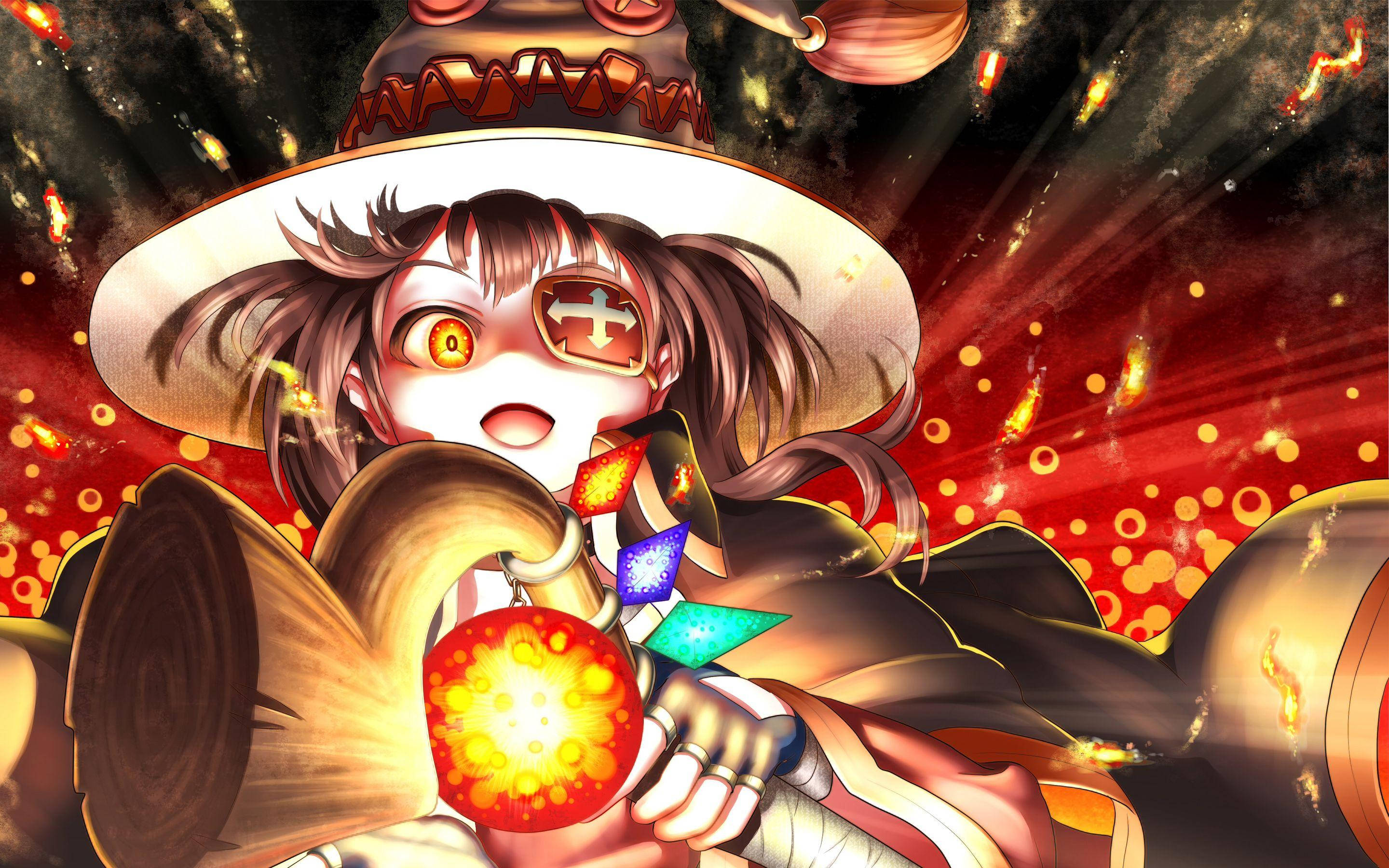 Megumin 桌布 壁紙 — 一個戴著寬邊帽的驚訝動漫女巫，在熾熱的宇宙背景下手持發光球體。