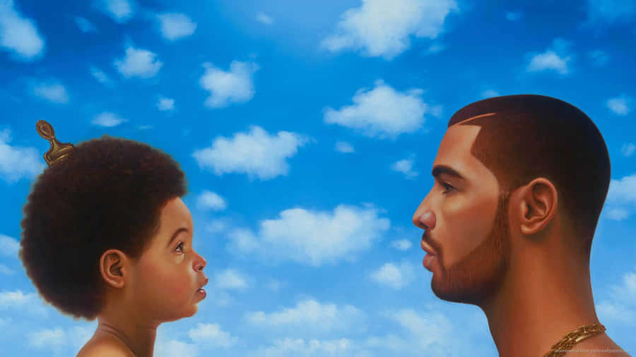 Aesthetic Drake 桌布 壁紙 — 一個戴著小皇冠的小孩，在藍天白雲的背景下仰望一個男人。
