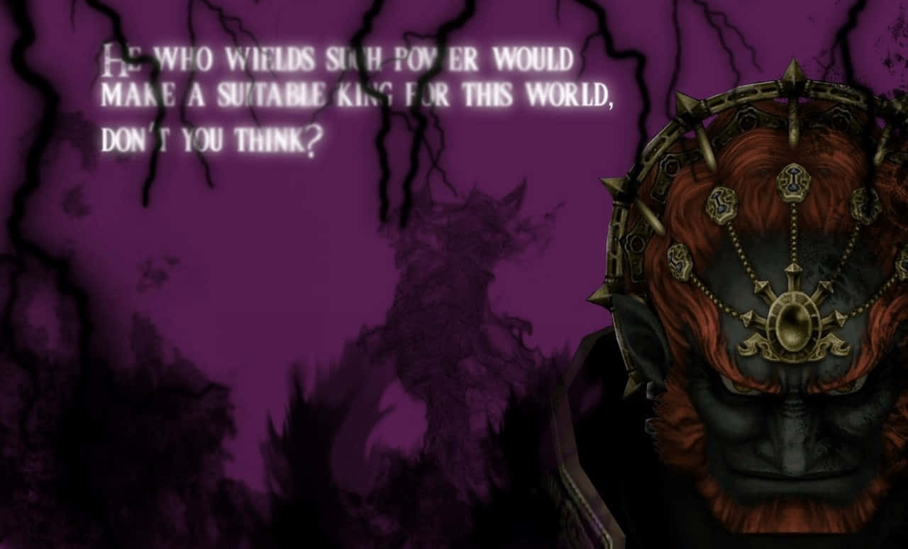 Ganondorf 桌布 壁紙 — 一個戴著尖刺皇冠、眼睛發光的威脅性惡魔形象，在帶有不祥文字的深紫色暴風雨背景中若隱若現。