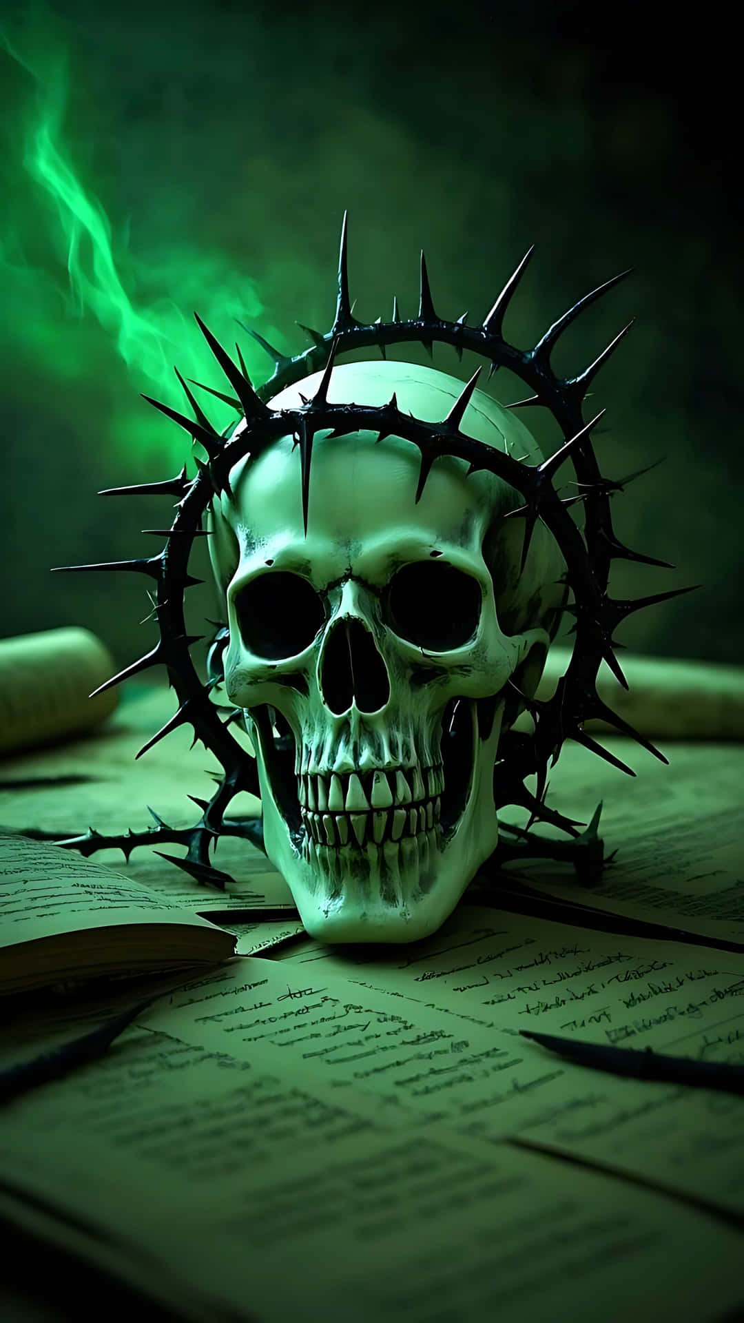 Witch's Skull with Black Thorns and Spells. skull wallpaper 壁紙 — 一個戴著尖刺花環的人類頭骨，擱在古老的手寫卷軸上，下方籠罩著詭異的綠色煙霧。