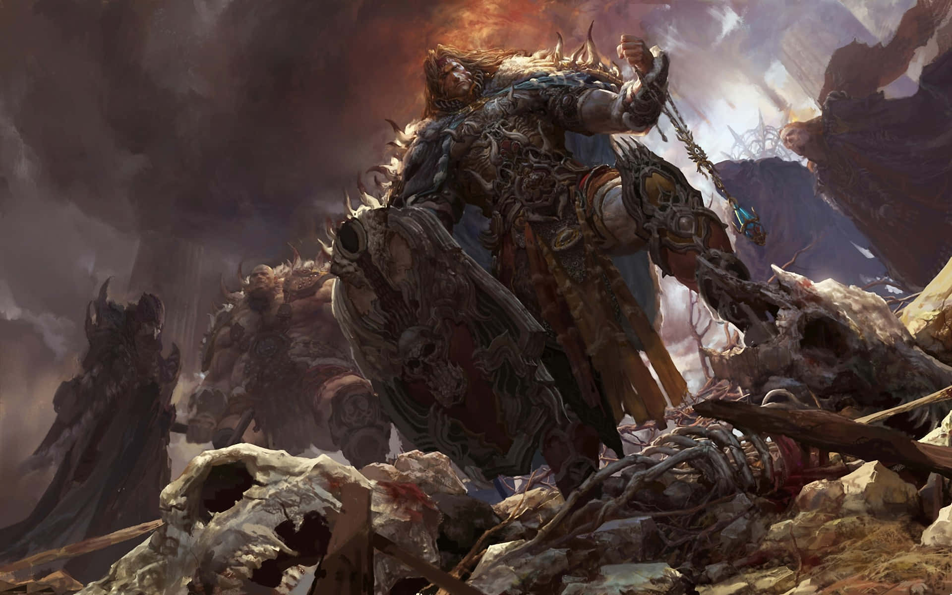 Dark War 桌布 壁紙 — 一個戴著尖刺頭盔、手持劍的高聳裝甲戰士，在暴風雨的天空下，挑釁地站在散佈著頭骨和碎骨的戰場上。