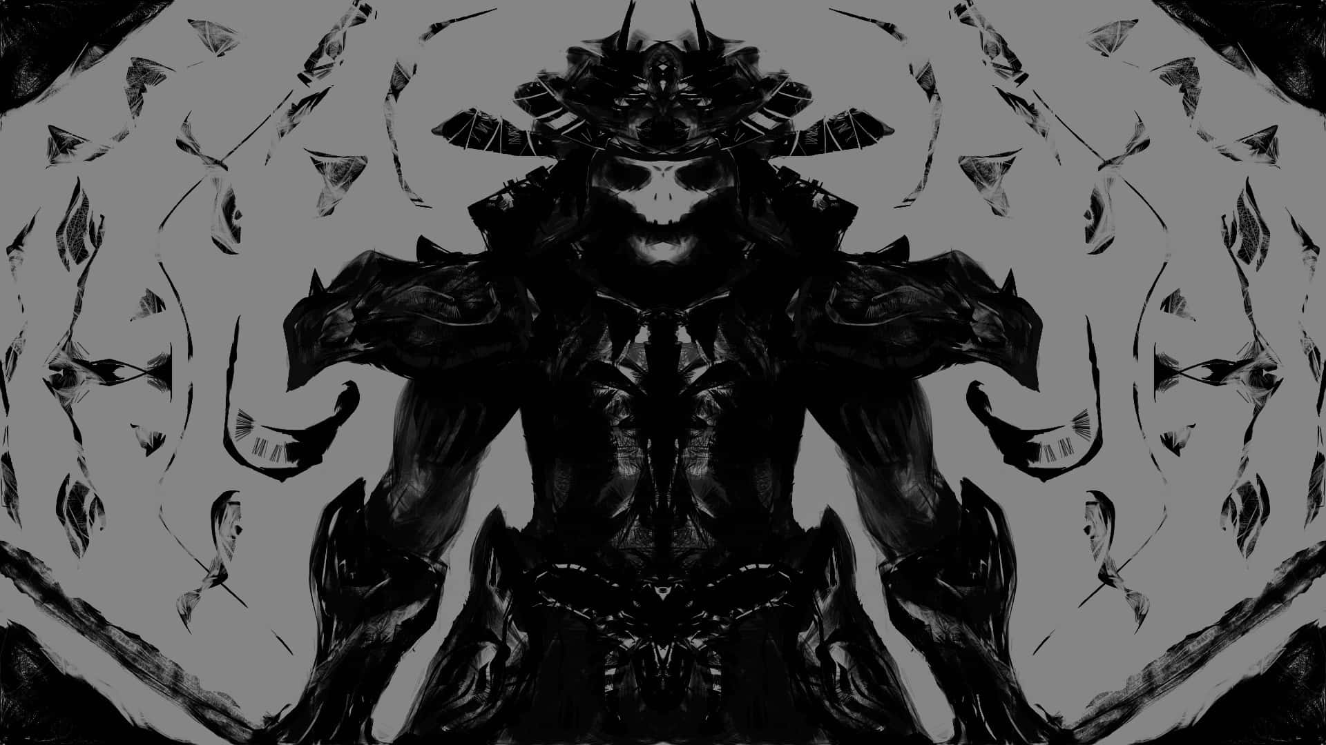 Bushido 桌布 壁紙 — 一個戴著尖刺頭盔、身穿盔甲的威脅性骷髏戰士，以及漂浮的魚狀生物，在單色數位藝術場景中。