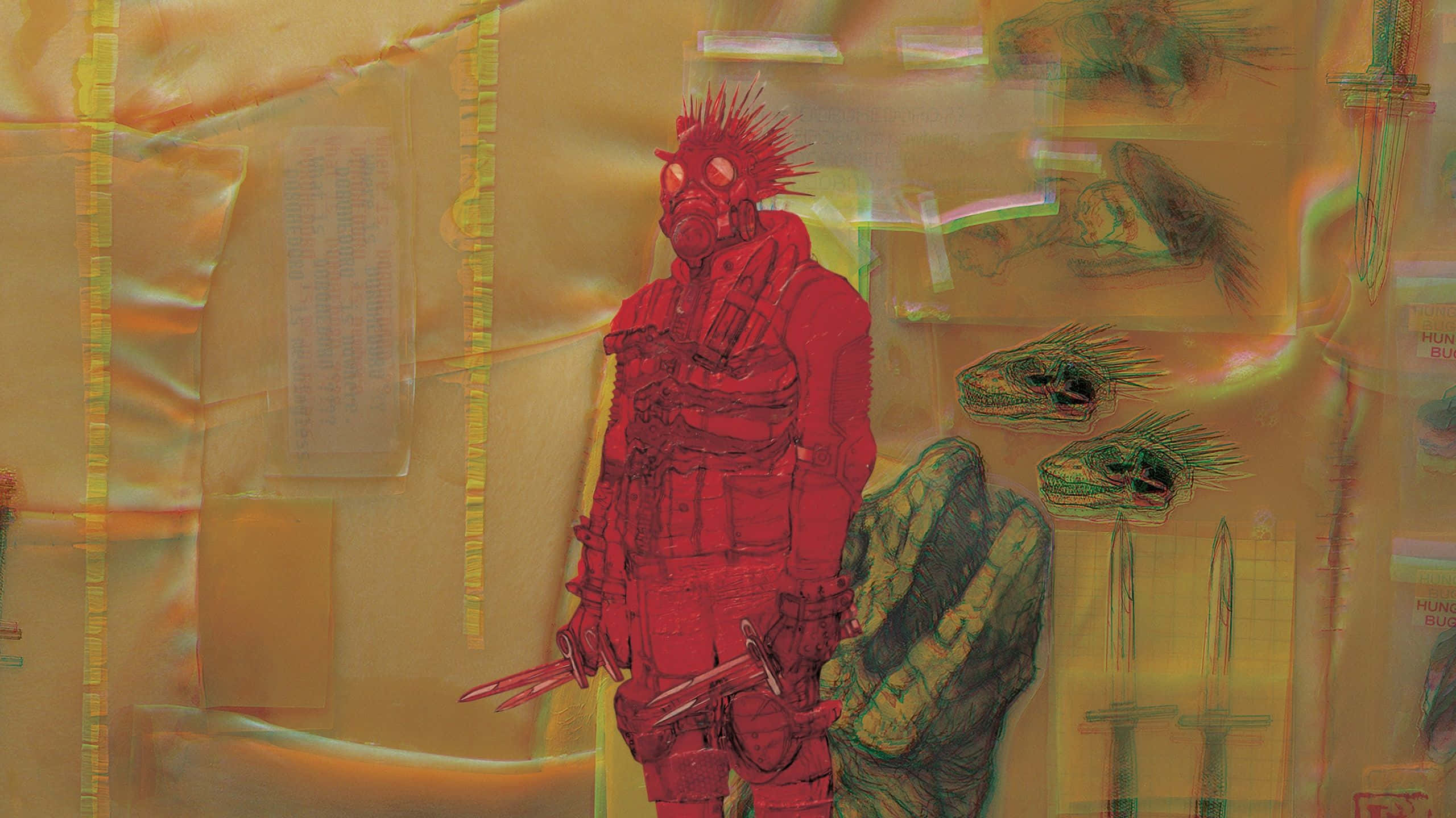 dorohedoro 桌布 壁紙 — 一個戴著尖刺頭盔的紅色裝甲人物，站在分層的半透明文件和武器之間，形成一幅超現實的琥珀色拼貼畫。