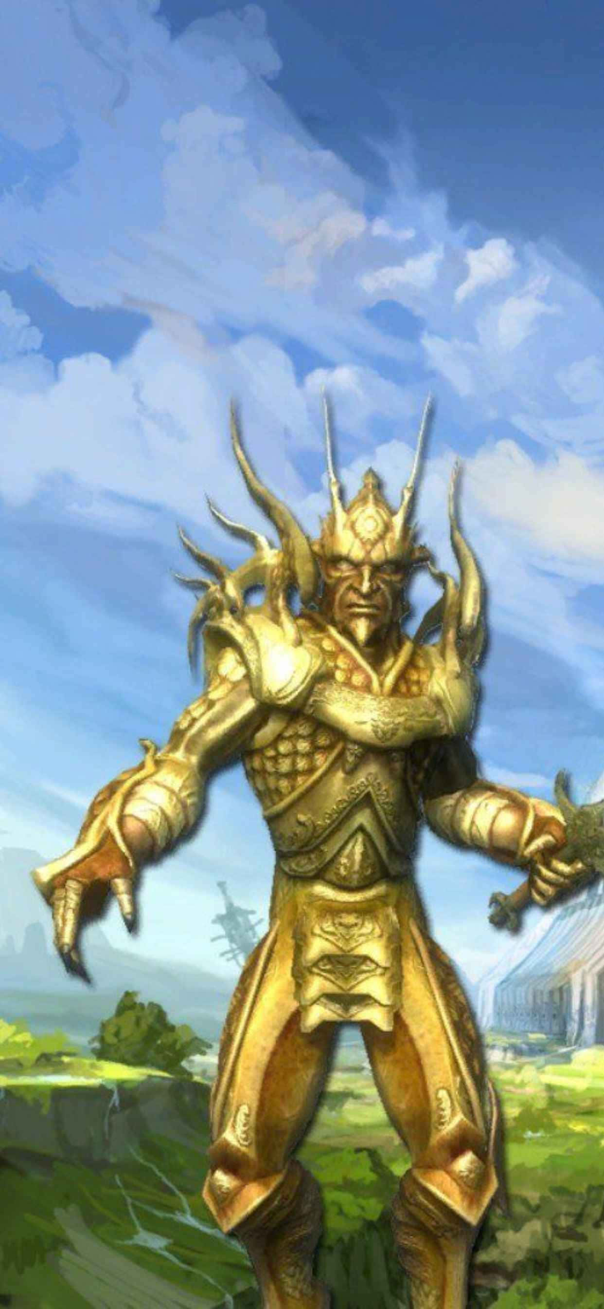 iPhone Xs Max Civilization V 桌布 壁紙 — 一個戴著尖刺頭盔的高聳金色裝甲戰士，在藍天白雲下挑釁地站立。
