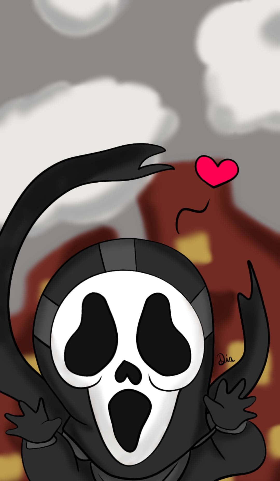 Cute Ghost 桌布 壁紙 — 一個戴著尖叫面具的卡通鬼魂，在陰天灰色天空下拿著一個粉紅色心形，背景有一座紅色建築物。