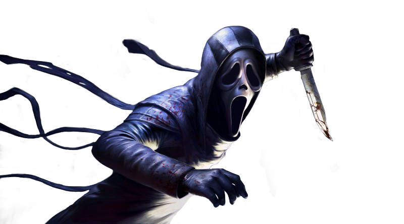Dead By Daylight 桌布 壁紙 — 一個戴著尖叫面具的威脅性兜帽人物，在黑暗背景下手持血淋淋的刀向前猛衝。