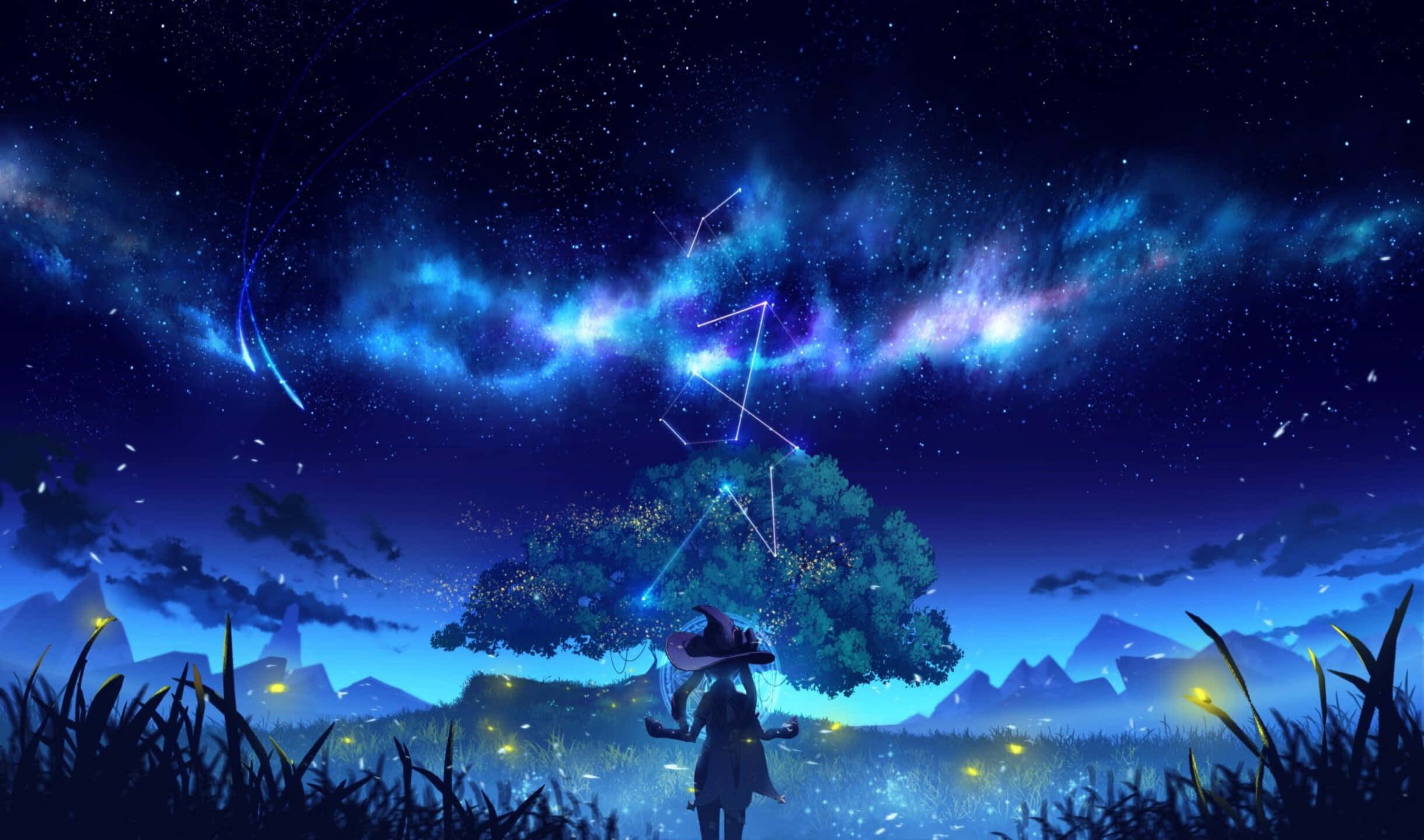 電玩遊戲 桌布 壁紙 — 一個戴著巫師帽的孤獨身影站在發光的樹下，背景是充滿星座的鮮豔藍色星空夜空。