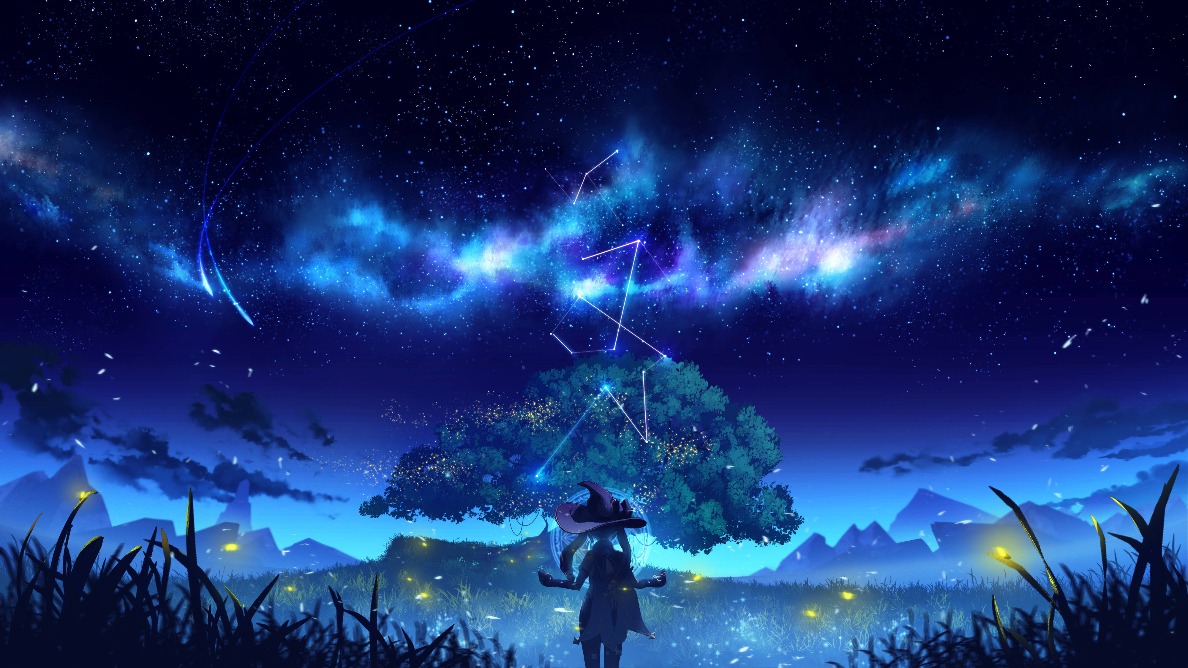 電玩遊戲 桌布 壁紙 — 一個戴著巫師帽的孤獨身影站在發光的樹下，宇宙星座和星雲在星光山谷上空盤旋。