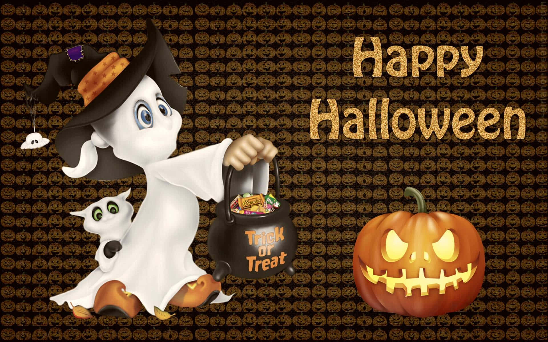 Trick Or Treat 桌布 壁紙 — 一個戴著巫師帽的快樂卡通鬼魂，在圖案萬聖節背景前，拿著一個糖果袋，旁邊有一個發光的傑克南瓜燈。