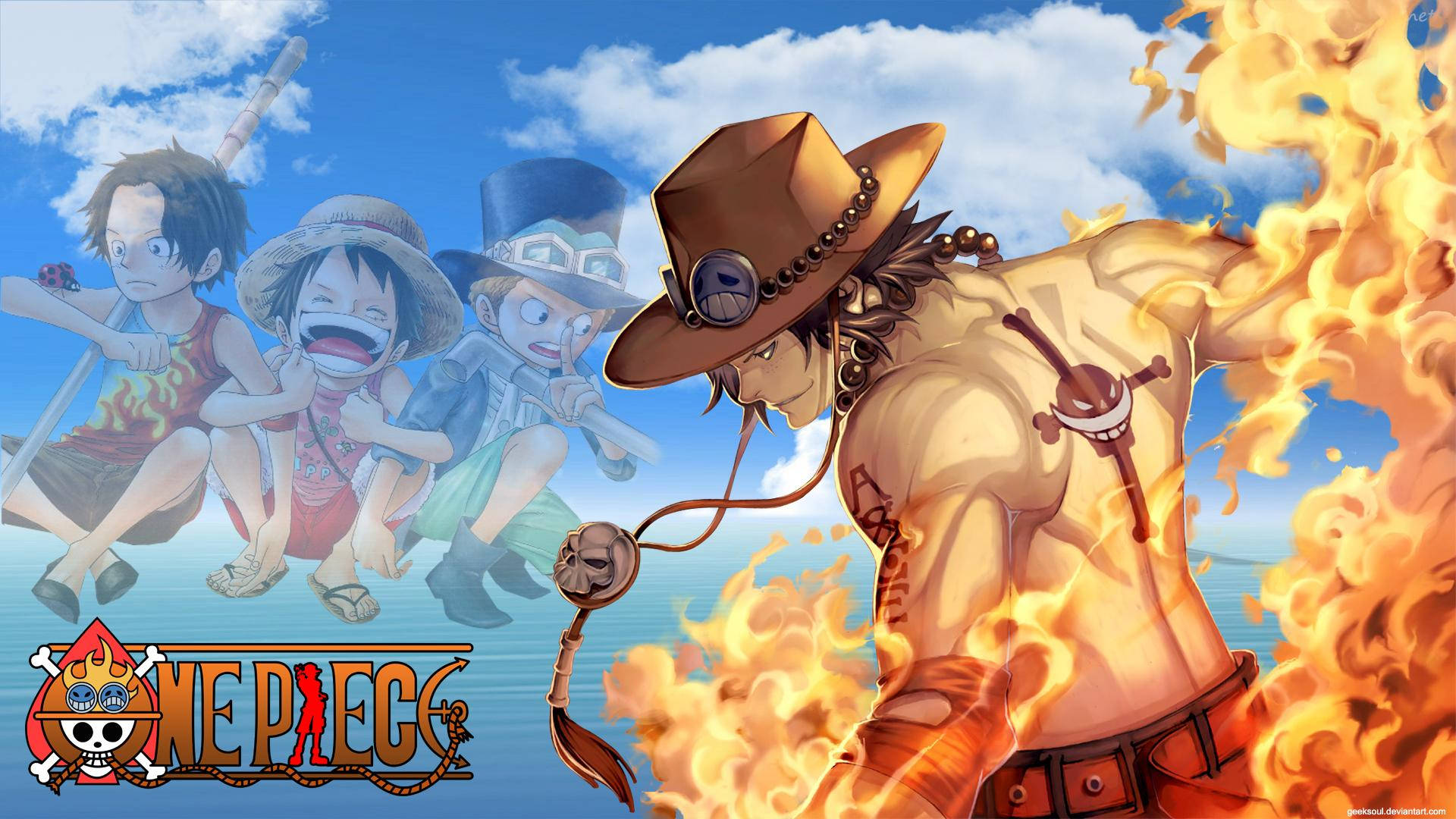 Ace 桌布 壁紙 — 一個戴著帽子和劍的火熱動漫海盜站在三個年輕船員面前，背景是明亮的藍天。