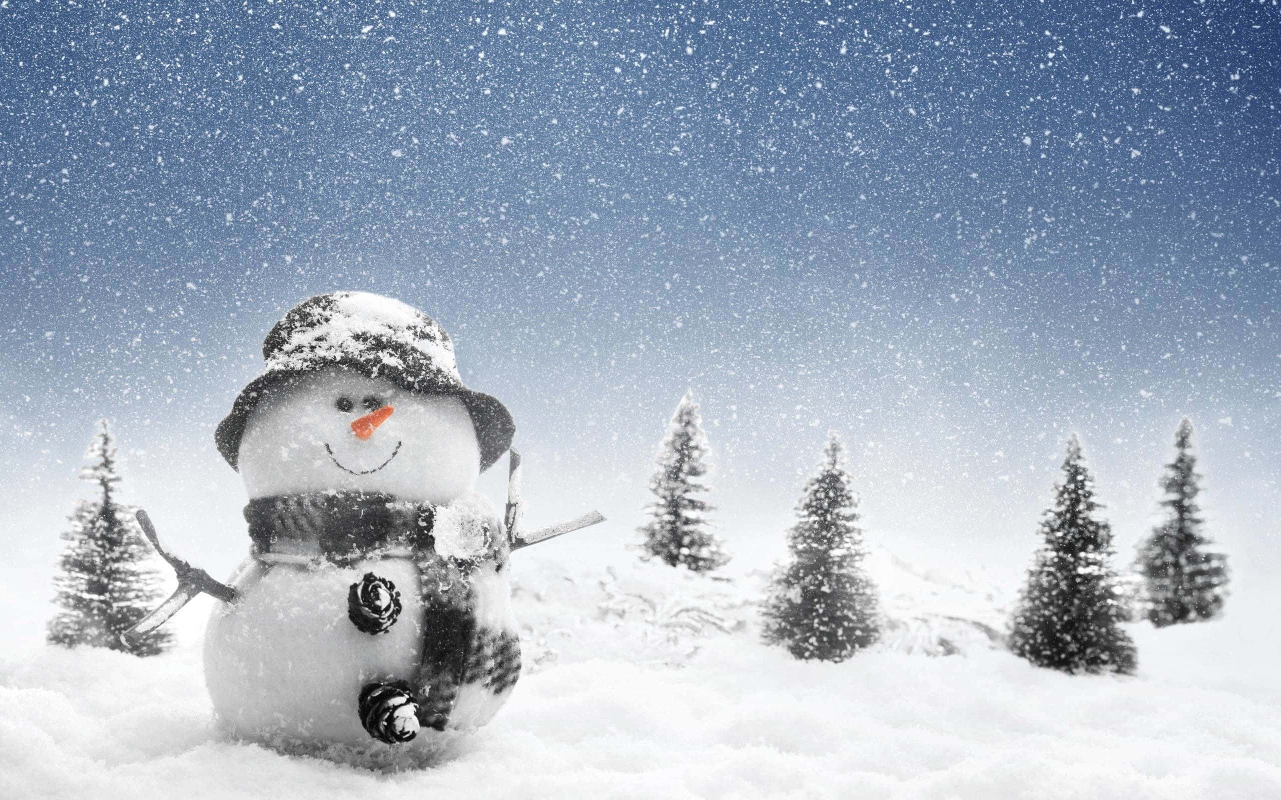 Christmas Snowman 桌布 壁紙 — 一個戴著帽子和圍巾的快樂雪人站在白雪覆蓋的森林中，雪花在清澈的藍天下飄落。