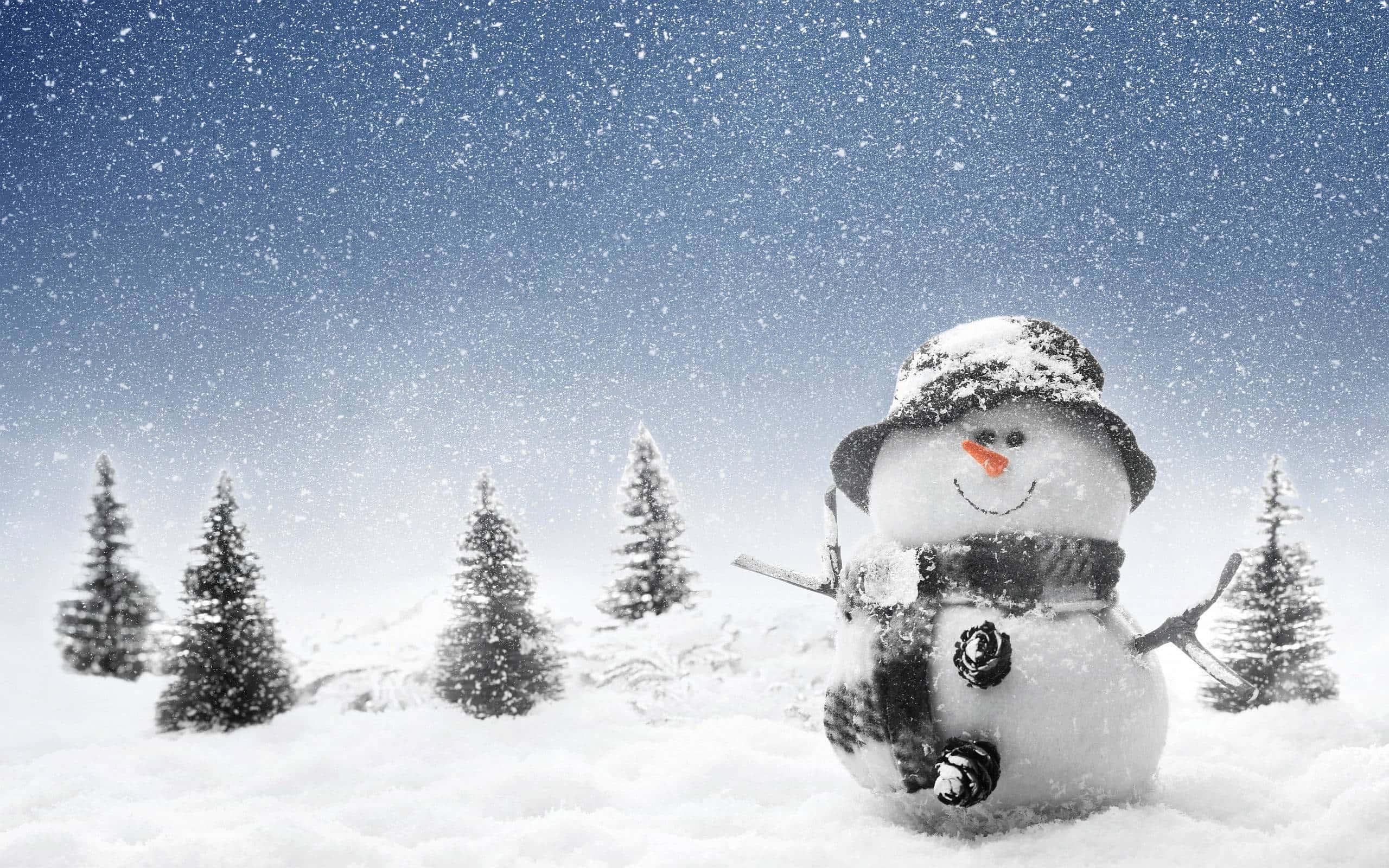 冬季 桌布 壁紙 — 一個戴著帽子和圍巾的快樂雪人站在雪地上，周圍有松樹，雪花飄落。