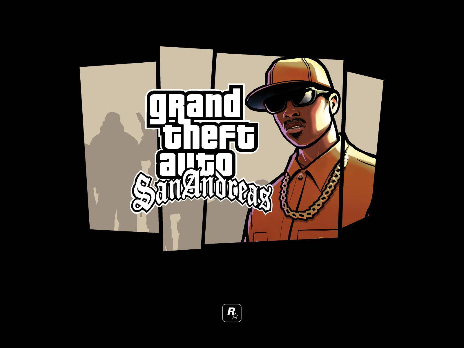 GTA 聖安地列斯 桌布 壁紙 — 一個戴著帽子和太陽眼鏡的男子的風格化插圖，背景為黑色，帶有「Grand Theft Auto San Andreas」文字。