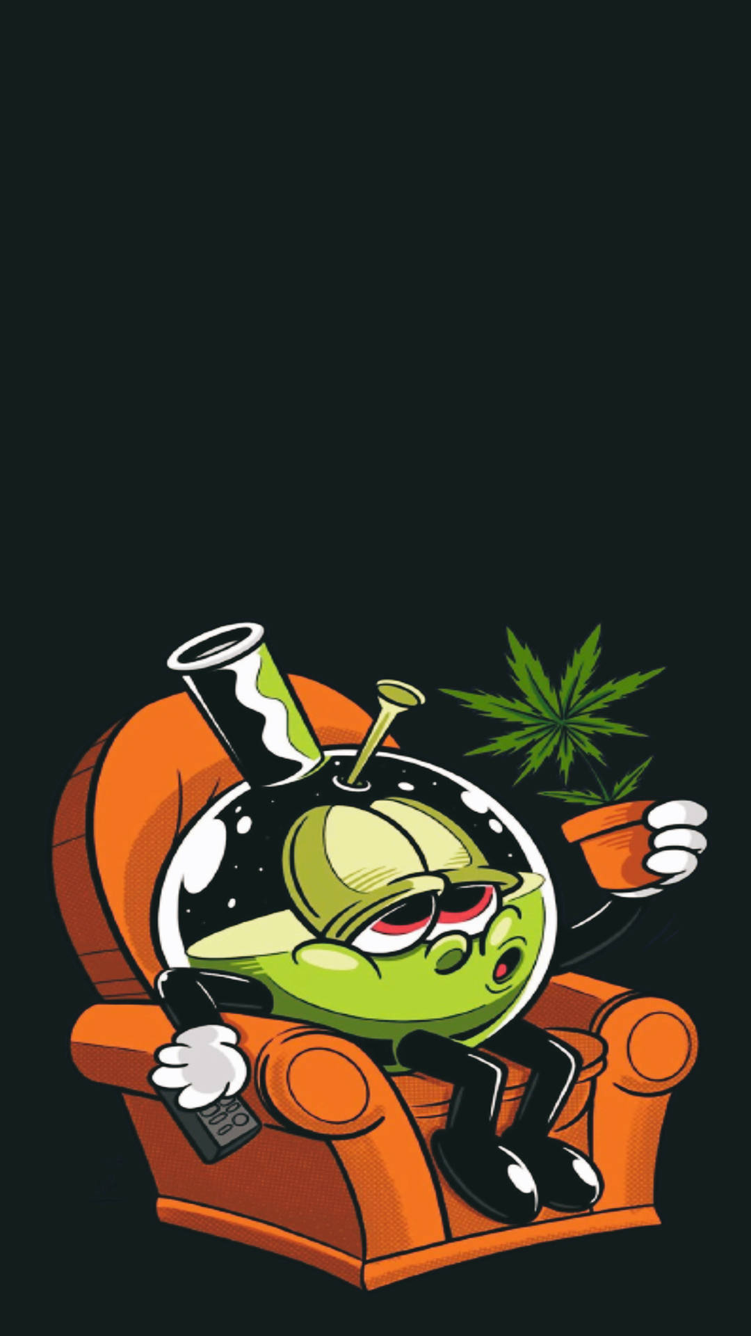 酷炫大麻 桌布 壁紙 — 一個戴著帽子和太陽眼鏡的綠色卡通外星人，躺在橙色扶手椅上，拿著遙控器和一盆大麻植物。