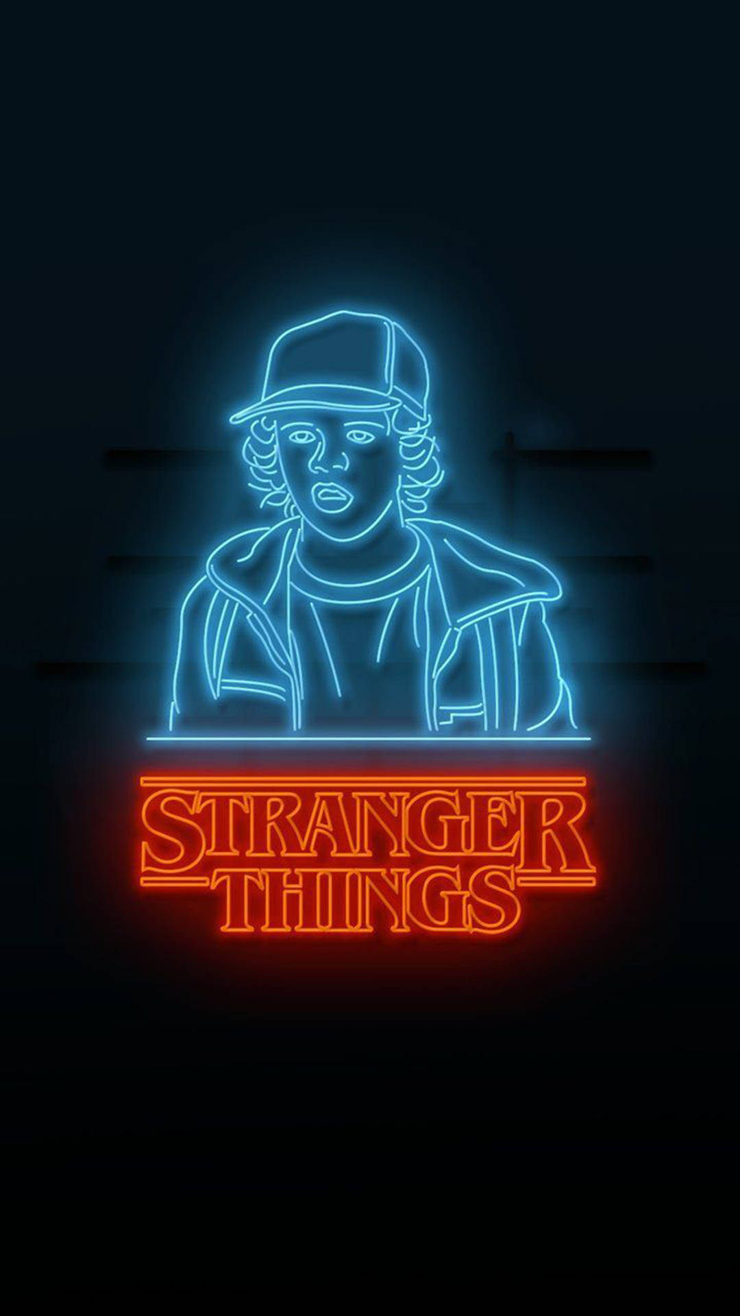 Stranger Things iPhone 桌布 壁紙 — 一個戴著帽子和夾克的男孩的發光霓虹肖像，下方有「怪奇物語」標題，背景為深色。