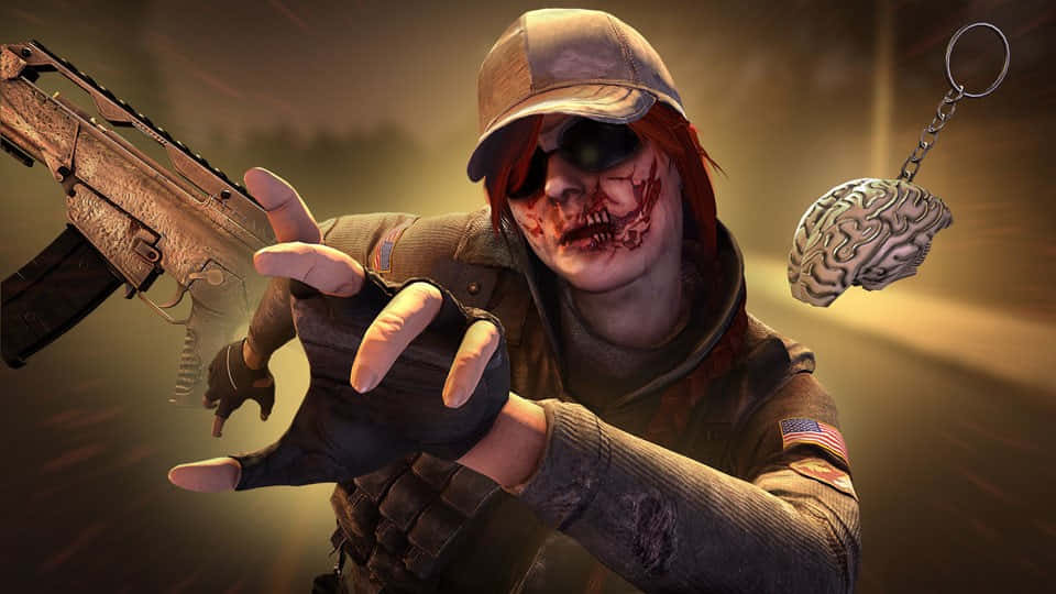 Rainbow Six Siege Ash 桌布 壁紙 — 一個戴著帽子和手套的血淋淋殭屍士兵手持步槍，附近有一個大腦鑰匙圈在昏暗的場景中漂浮。