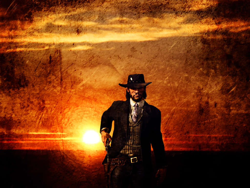 Best Red Dead Redemption 2 桌布 壁紙 — 一個戴著帽子和手槍的粗獷牛仔，在火紅的日落天空和紋理橙色雲彩的襯托下形成剪影。