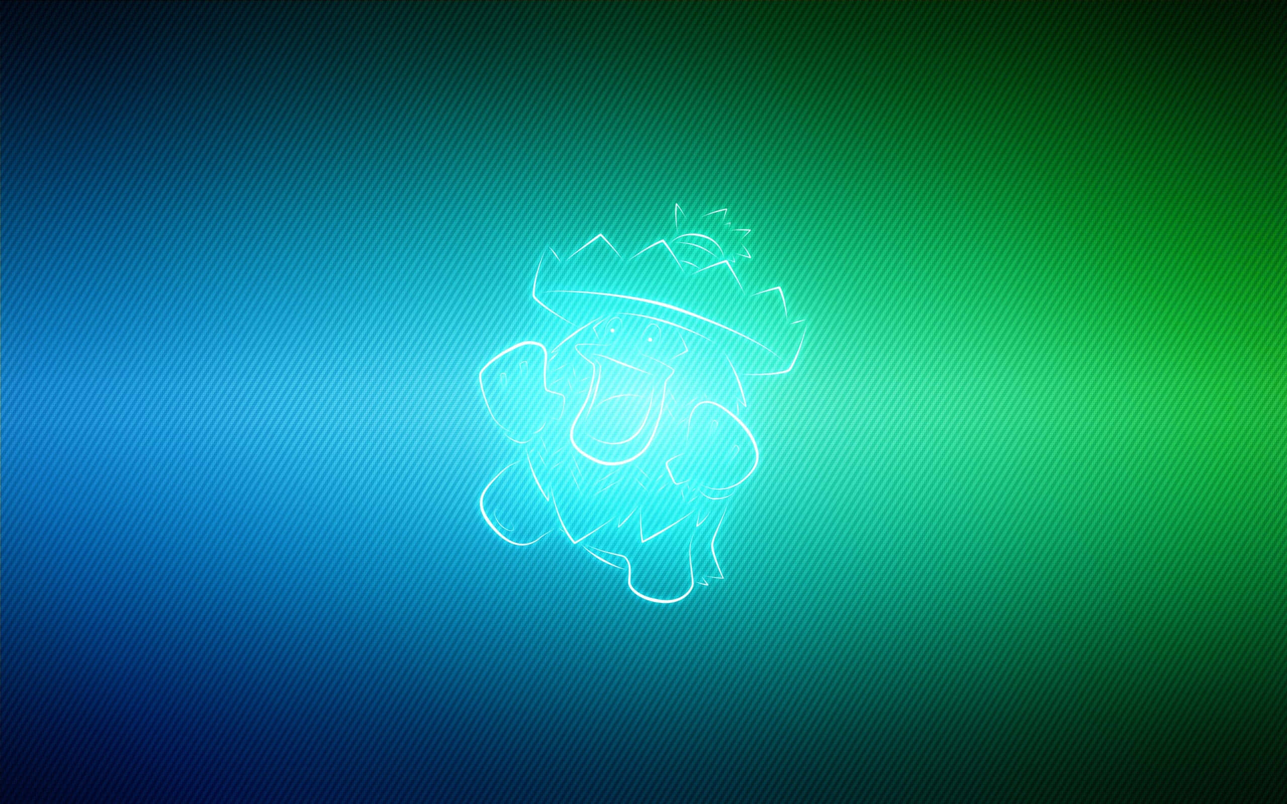 Pokemon Aesthetic 桌布 壁紙 — 一個戴著帽子和皇冠的卡通生物的發光白色線條輪廓，背景是藍色到綠色的漸變，帶有對角線條紋。