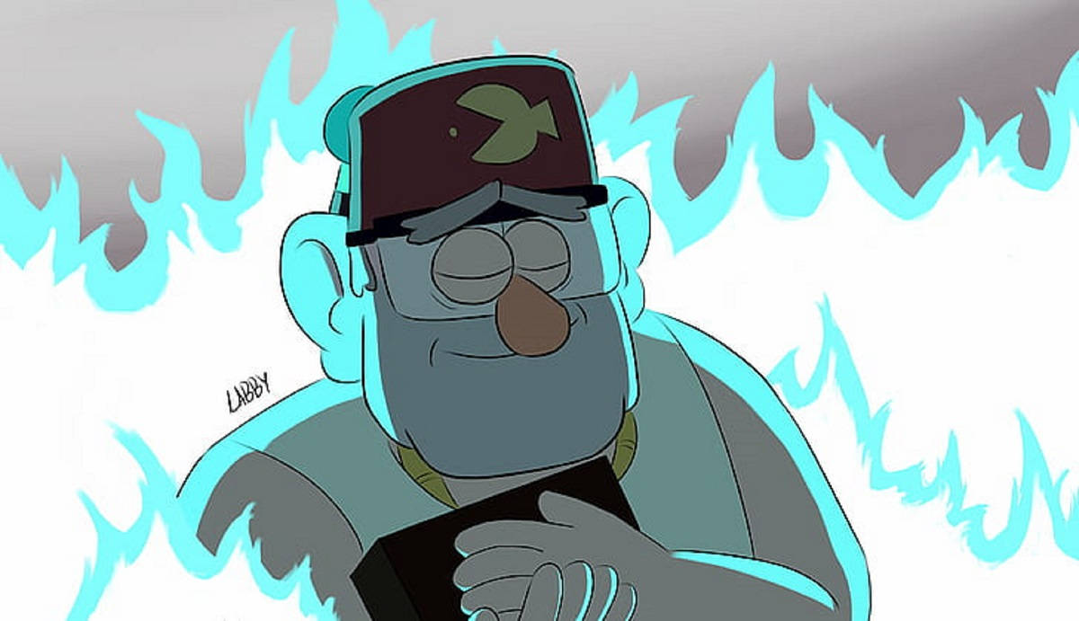 grunkle stan 桌布 壁紙 — 一個戴著帽子和眼鏡的動畫角色，在卡通場景中平靜地站在風格化的藍色火焰中。