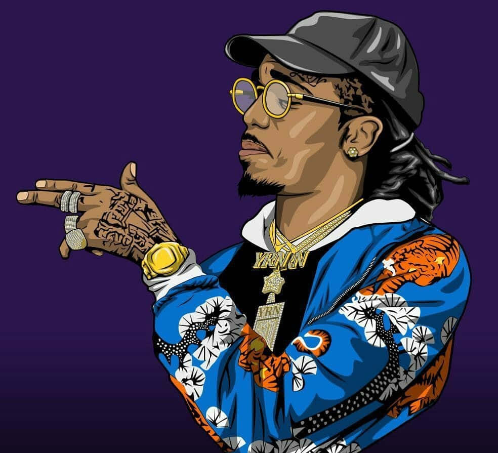 quavo 桌布 壁紙 — 一個戴著帽子和眼鏡的男人在深紫色背景上自信地指著的風格化插圖。