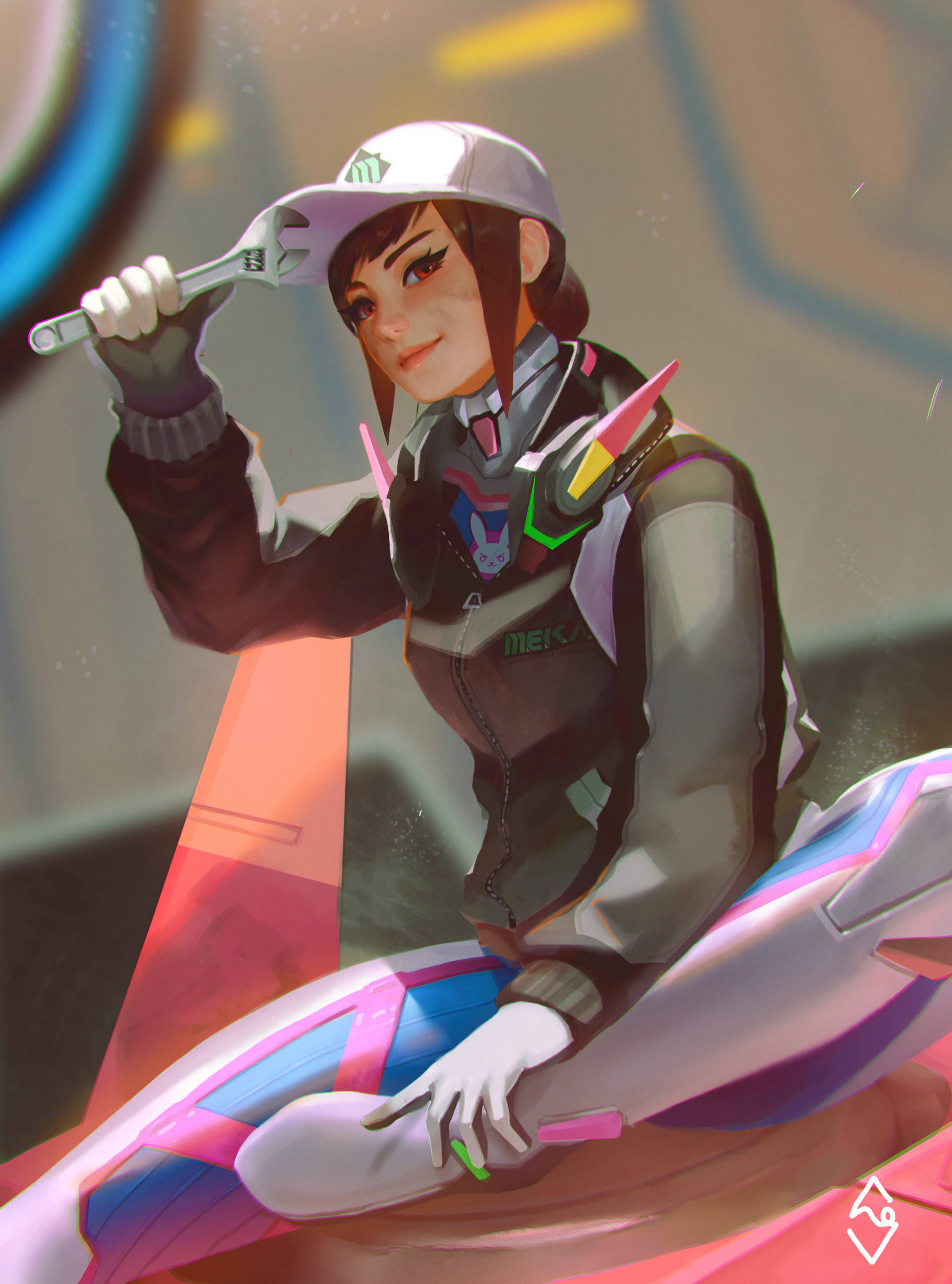 D.Va 桌布 壁紙 — 一個戴著帽子和科技裝備的開朗動漫女孩，坐在未來感的粉藍色車輛上，手持扳手。