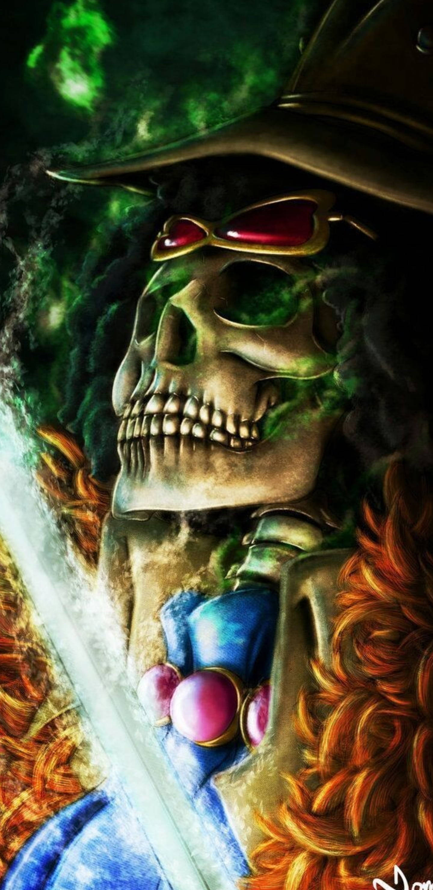 一個戴著帽子和太陽眼鏡的骷髏頭，在綠色和橙色的火焰中揮舞著發光劍。