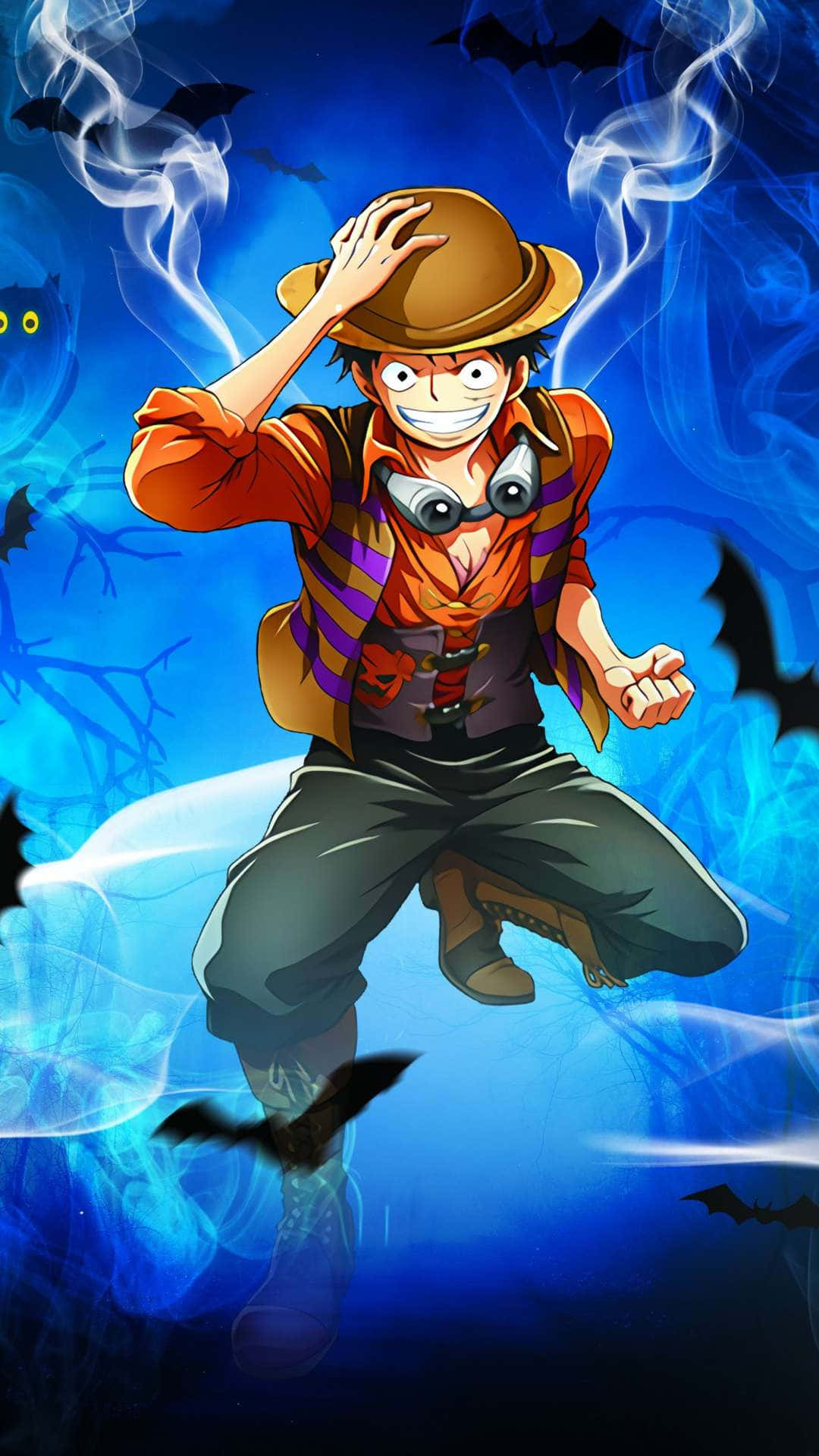魯夫 桌布 壁紙 — 一個戴著帽子和護目鏡的開朗動畫男孩跳過一個旋轉的藍色鬼森林，裡面有蝙蝠和鬼魂般的煙霧。