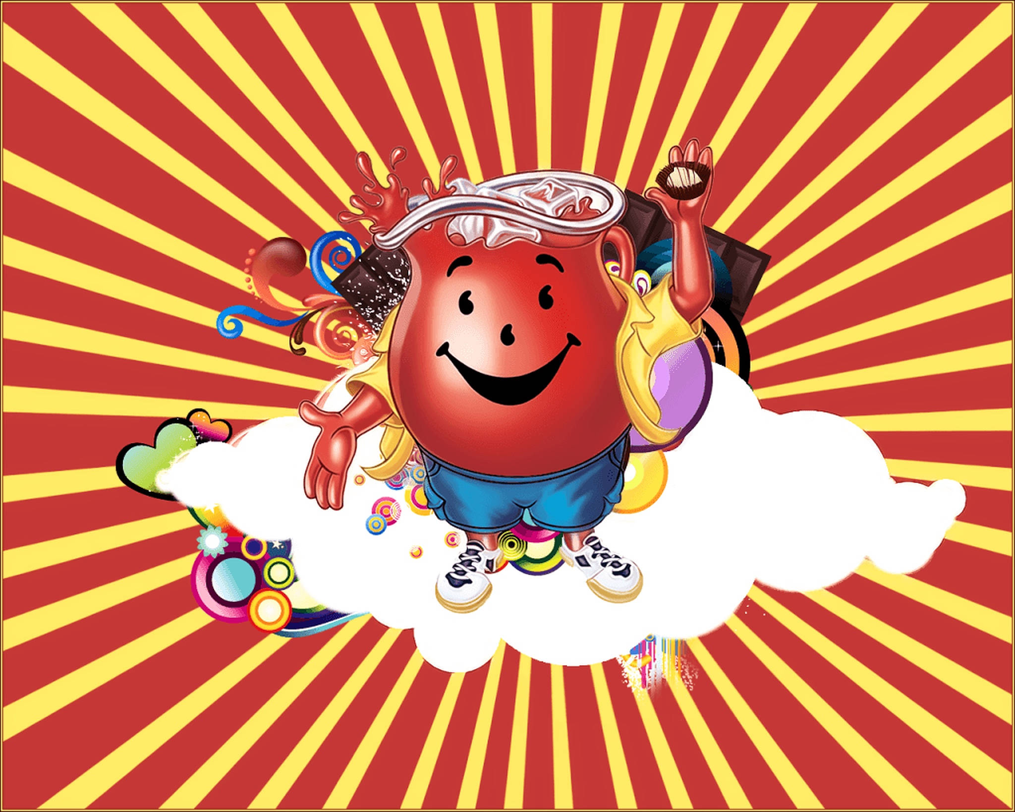 Kool Aid Man 桌布 壁紙 — 一個戴著帽子和運動鞋的開心紅色卡通角色站在雲朵上，背景是鮮豔的紅黃色太陽光芒。