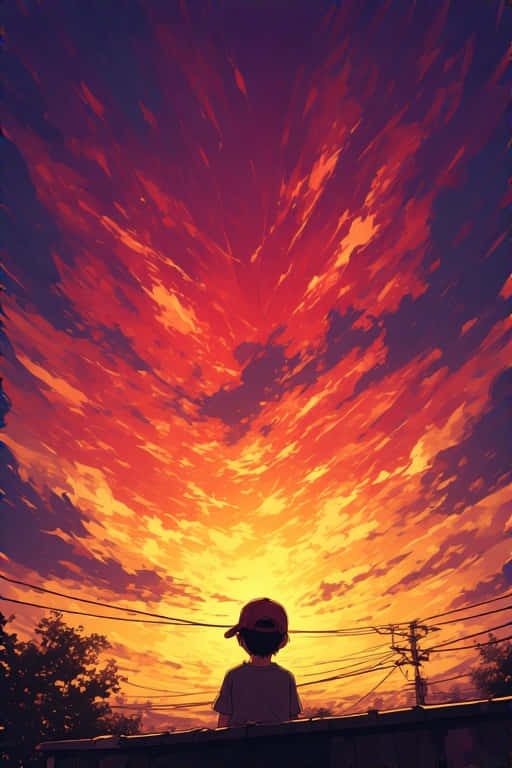 Rooftop Reverie Sunset Colors 4K 壁紙 — 一個戴著帽子的孩子站在屋頂上，仰望被火橙色、紅色和深紫色雲彩描繪的戲劇性天空。