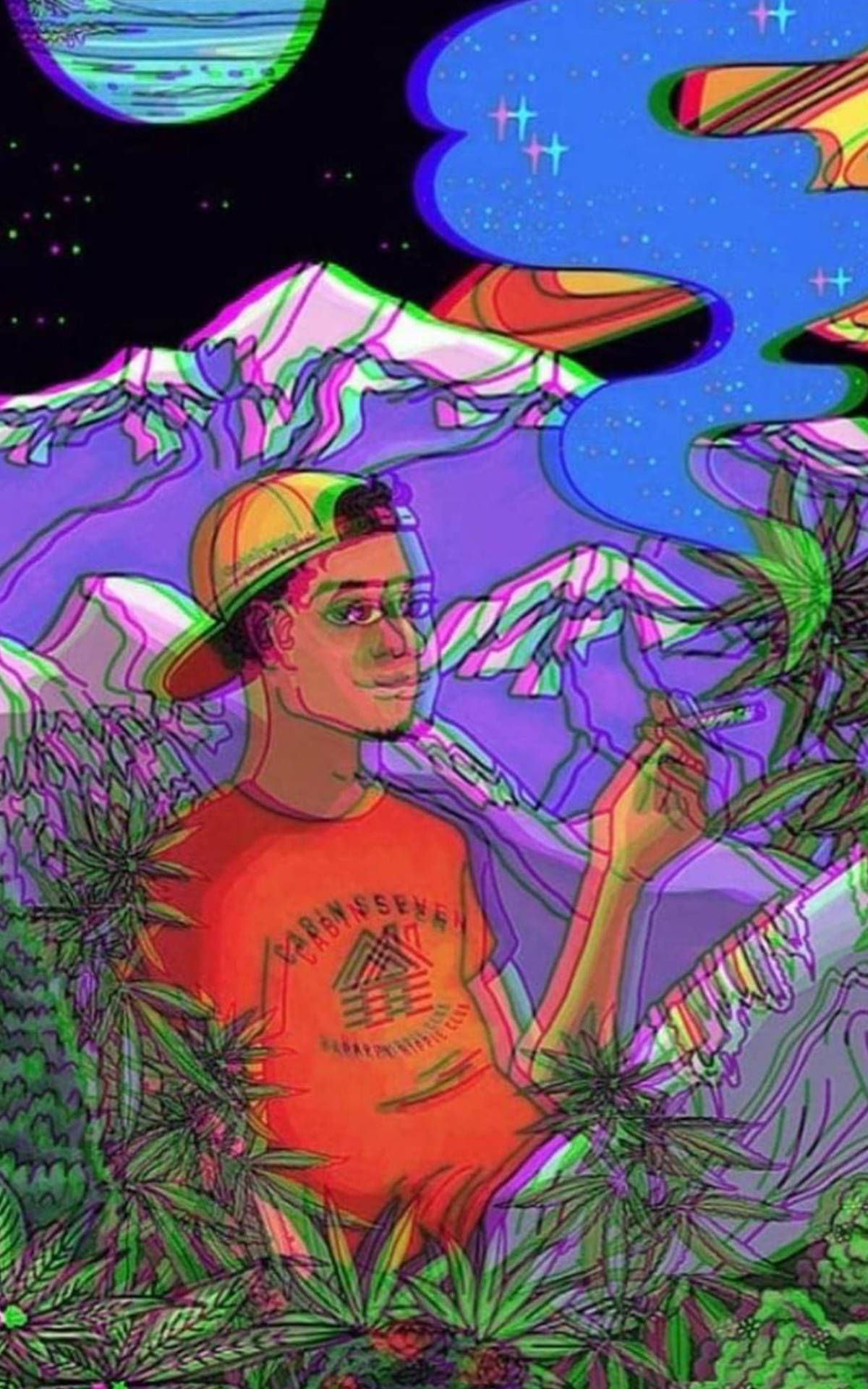 Cartoon 桌布 壁紙 — 一個戴著帽子的時尚年輕人在發光的紫色山脈和迷幻的外星天空下吸煙。
