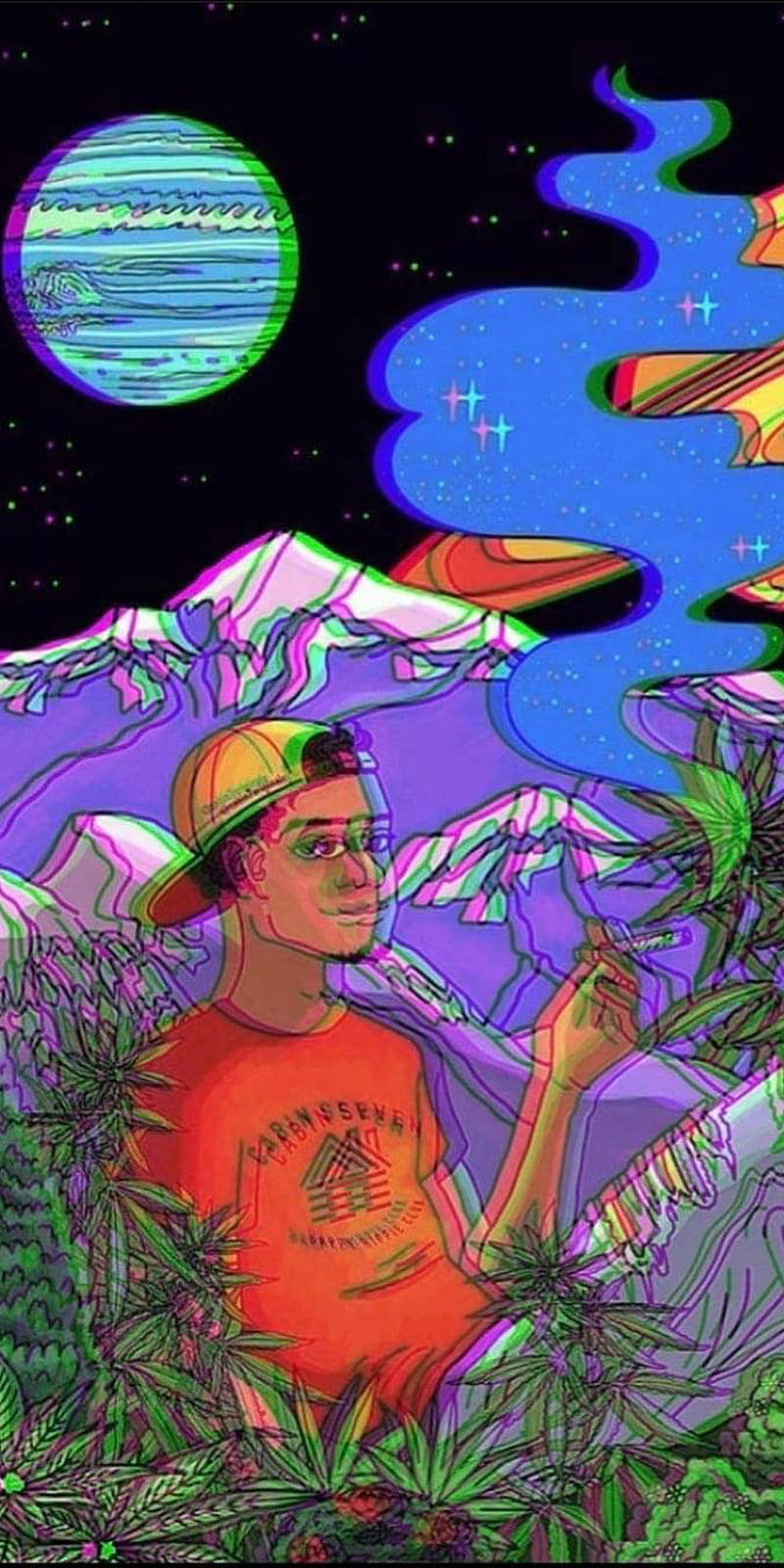迷幻美學 桌布 壁紙 — 一個戴著帽子的時尚年輕人在超現實的外星行星和迷幻煙霧漩渦下，在發光的大麻植物中吸煙。