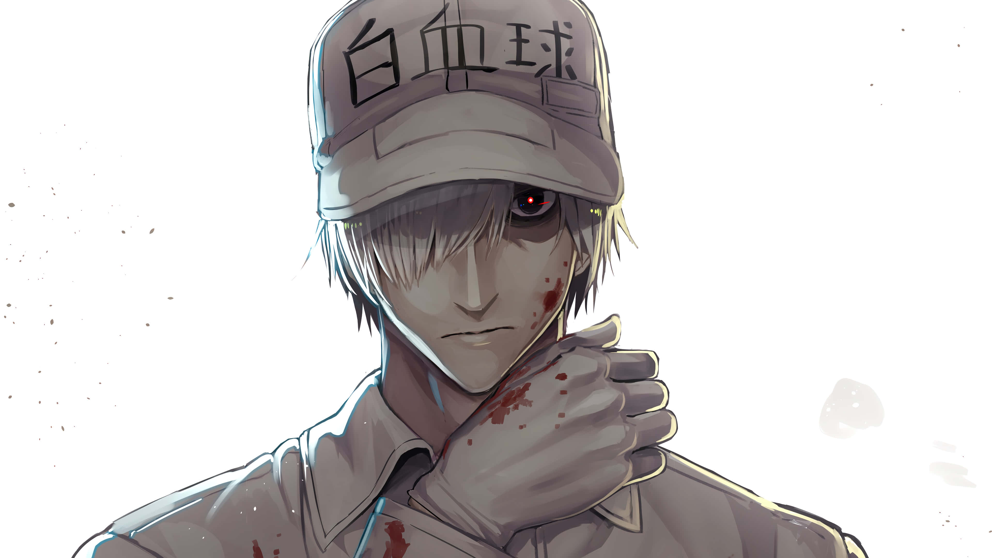 Cells At Work 桌布 壁紙 — 一個戴著帽子的蒼白動漫男孩，臉上和手上沾有血跡，一隻發光的紅色眼睛在純白背景下強烈凝視。