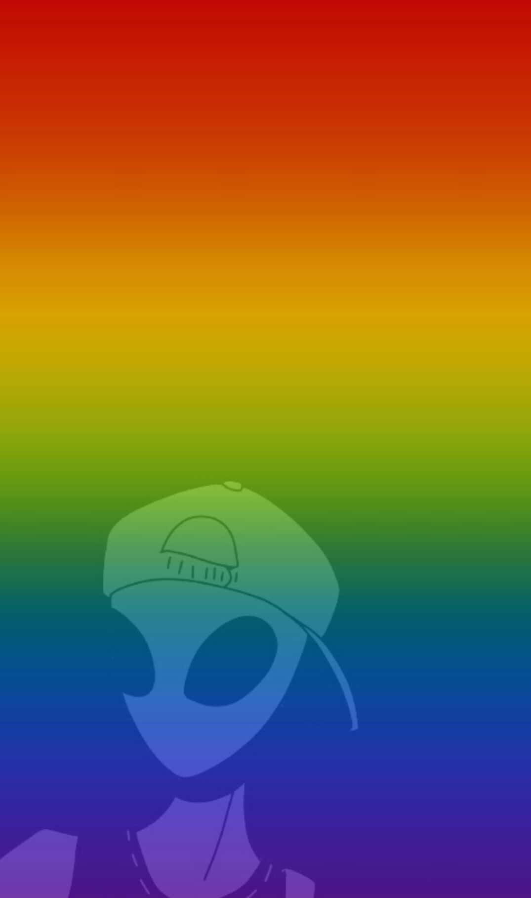 Pan Flag 桌布 壁紙 — 一個戴著帽子的風格化外星人剪影融入充滿活力的彩虹漸變背景中。