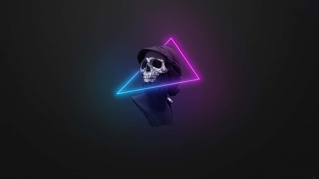 Memento Mori 桌布 壁紙 — 一個戴著帽子的骷髏頭被一個發光的霓虹三角形框在黑暗的背景上。