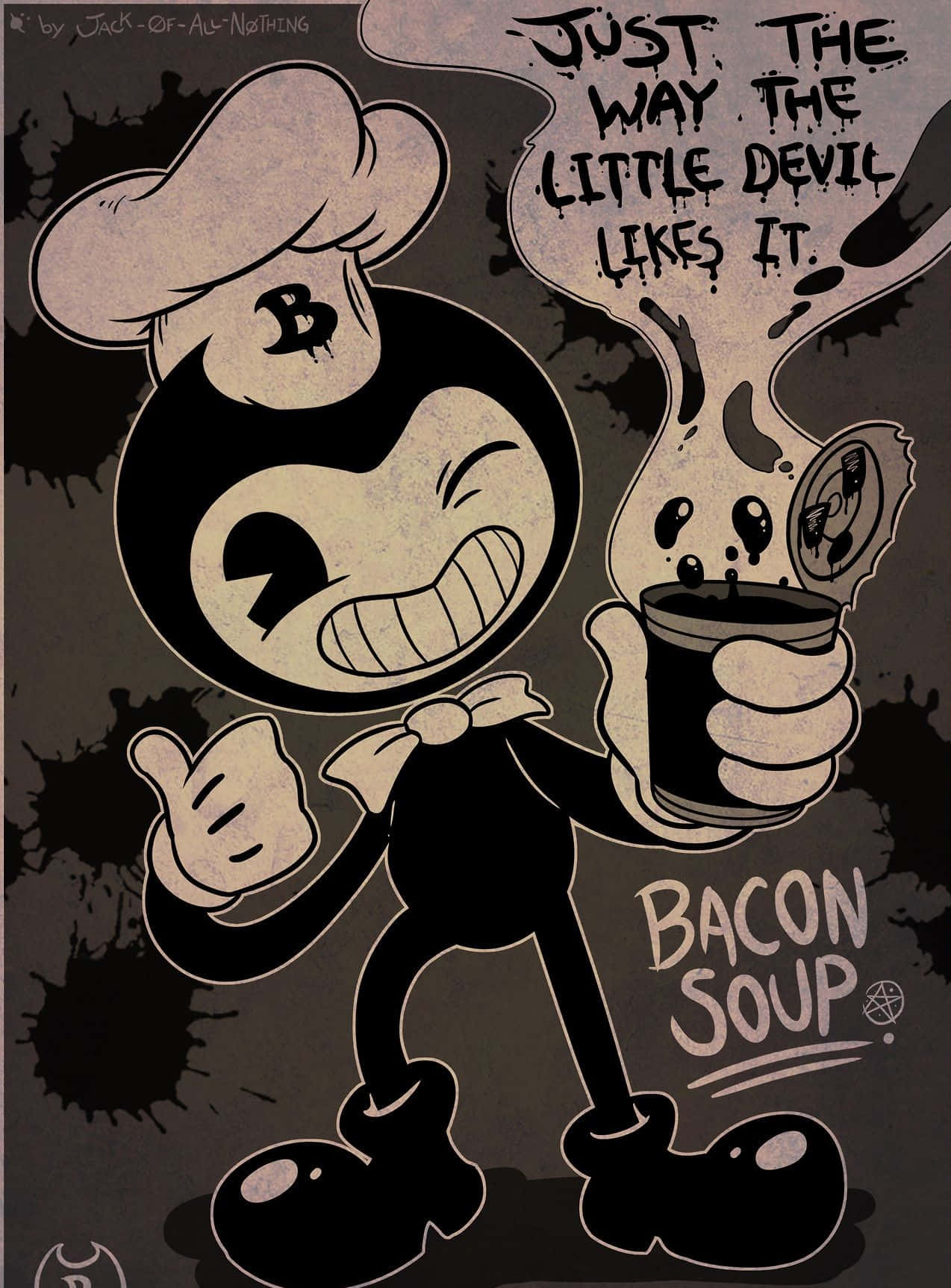 bendy and the ink machine 桌布 壁紙 — 一個戴著廚師帽的卡通魔鬼咧嘴笑著，手持一鍋冒煙的培根湯，對話框寫著「正是小鬼喜歡的方式。」