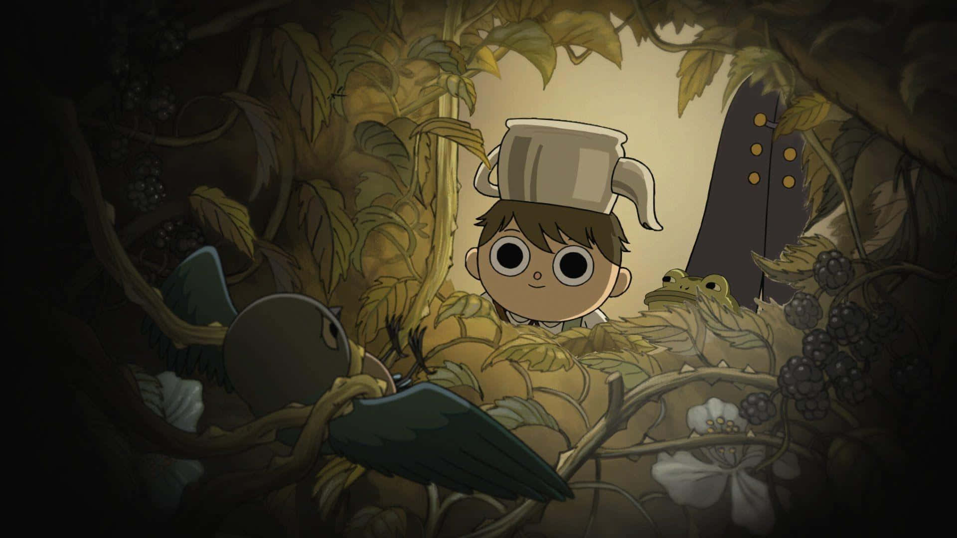 over the garden wall 桌布 壁紙 — 一個戴著廚師帽的小孩蜷縮在一個枝葉茂密的藤蔓隧道中，附近有一隻鳥和一隻青蛙。