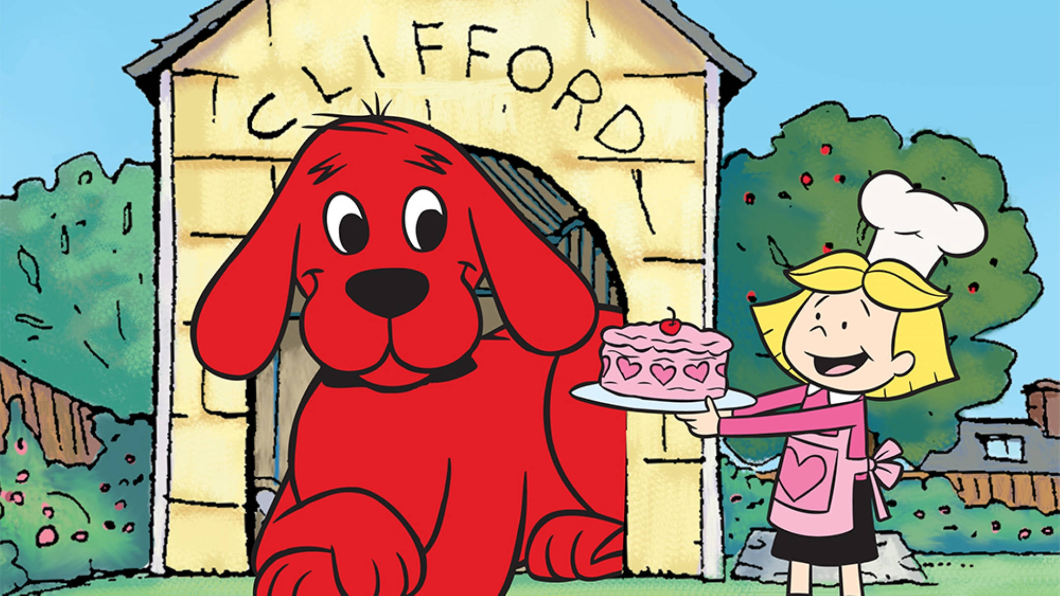 Clifford The Big Red Dog 桌布 壁紙 — 一個戴著廚師帽的快樂卡通女孩，在她的狗屋外為一隻名叫Clifford的巨型紅狗呈上一個粉紅色心形蛋糕。