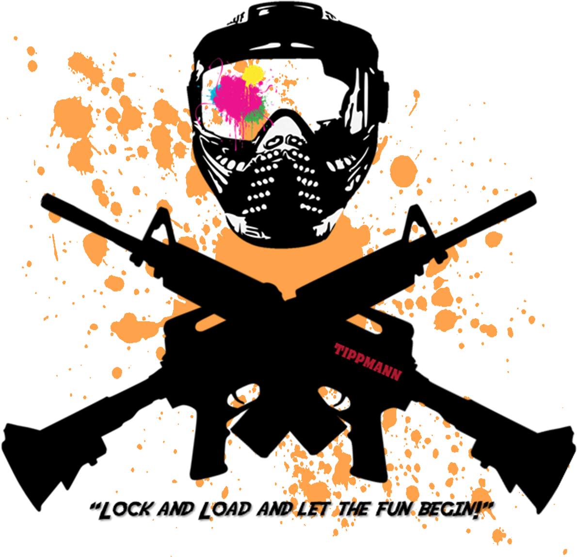 Paintball 桌布 壁紙 — 一個戴著彩彈面罩的風格化頭骨，在黑色背景上有鮮豔的飛濺。